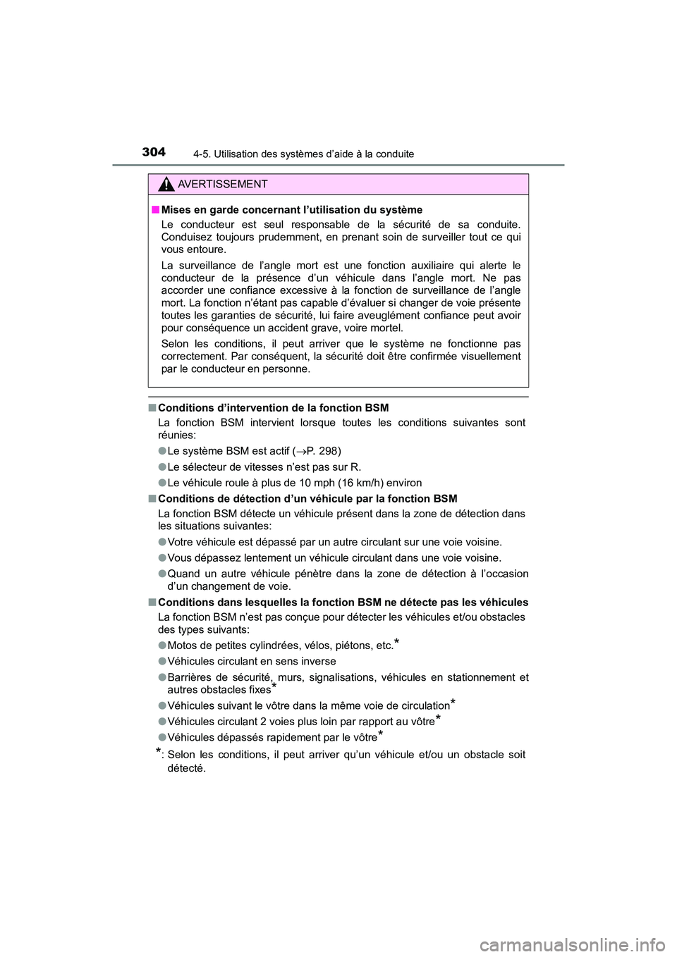 TOYOTA C-HR 2021  Manuel du propriétaire (in French) 3044-5. Utilisation des systèmes d’aide à la conduite
C-HR_OM_USA_OM10684D
■Conditions d’intervention de la fonction BSM
La fonction BSM intervient lorsque toutes les conditions suivantes sont