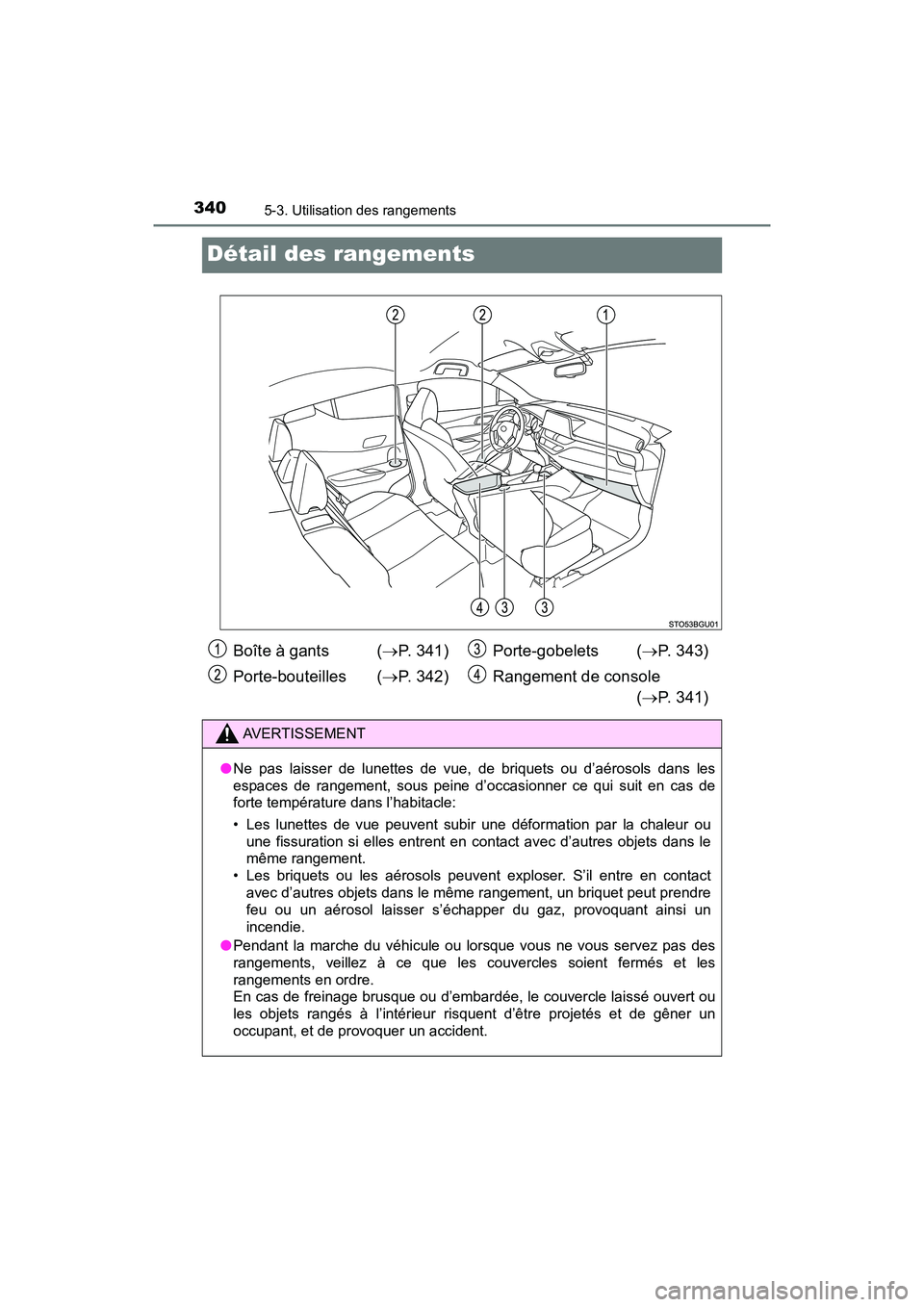TOYOTA C-HR 2021  Manuel du propriétaire (in French) 3405-3. Utilisation des rangements
C-HR_OM_USA_OM10684D
Détail des rangements
Boîte à gants  (P. 341)
Porte-bouteilles ( P. 342) Porte-gobelets (
P. 343)
Rangement de console  ( P. 341)