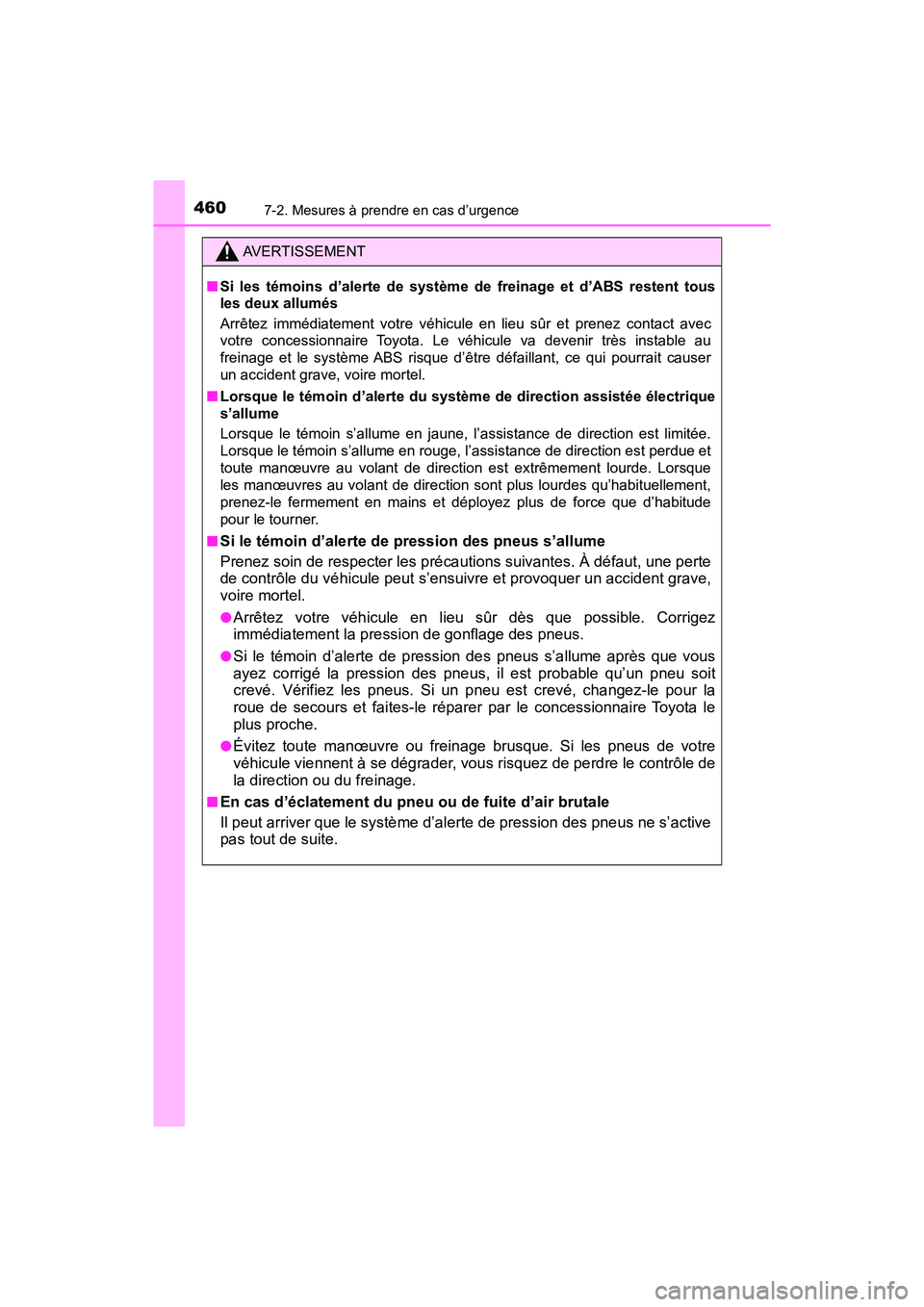 TOYOTA C-HR 2021  Manuel du propriétaire (in French) 4607-2. Mesures à prendre en cas d’urgence
C-HR_OM_USA_OM10684D
AVERTISSEMENT
■Si les témoins d’alerte de système  de freinage et d’ABS restent tous
les deux allumés
Arrêtez immédiatemen