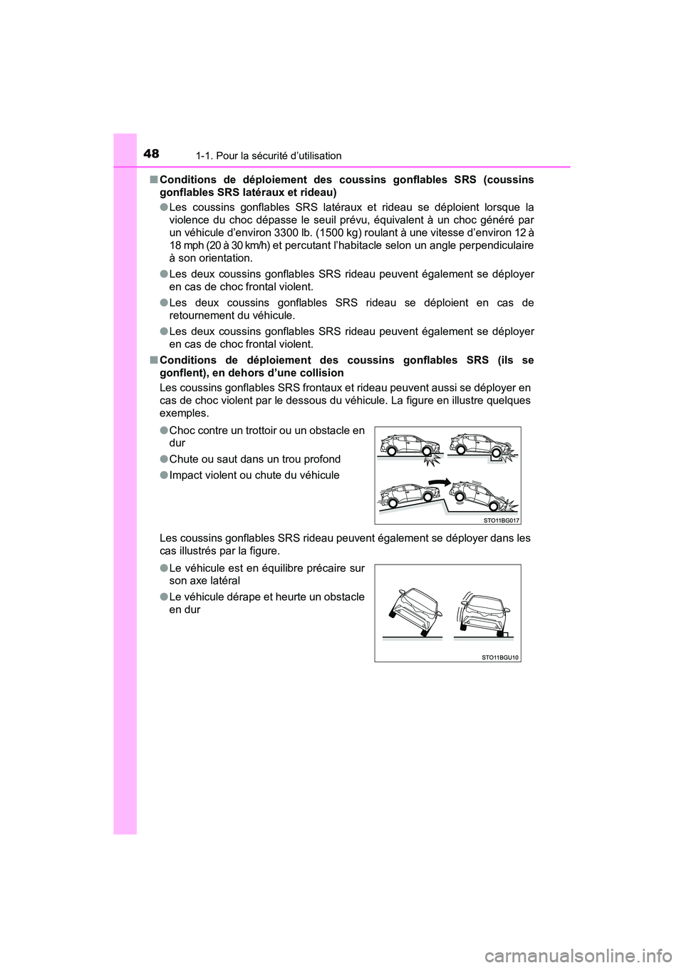 TOYOTA C-HR 2021  Manuel du propriétaire (in French) 481-1. Pour la sécurité d’utilisation
C-HR_OM_USA_OM10684D■
Conditions de déploiement des coussins gonflables SRS (coussins
gonflables SRS latéraux et rideau)
●Les coussins gonflables SRS la