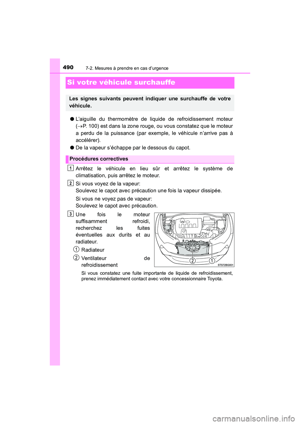 TOYOTA C-HR 2021  Manuel du propriétaire (in French) 4907-2. Mesures à prendre en cas d’urgence
C-HR_OM_USA_OM10684D
Si votre véhicule surchauffe
●L’aiguille du thermomètre de liquide de refroidissement moteur
( P. 100) est dans la zone roug