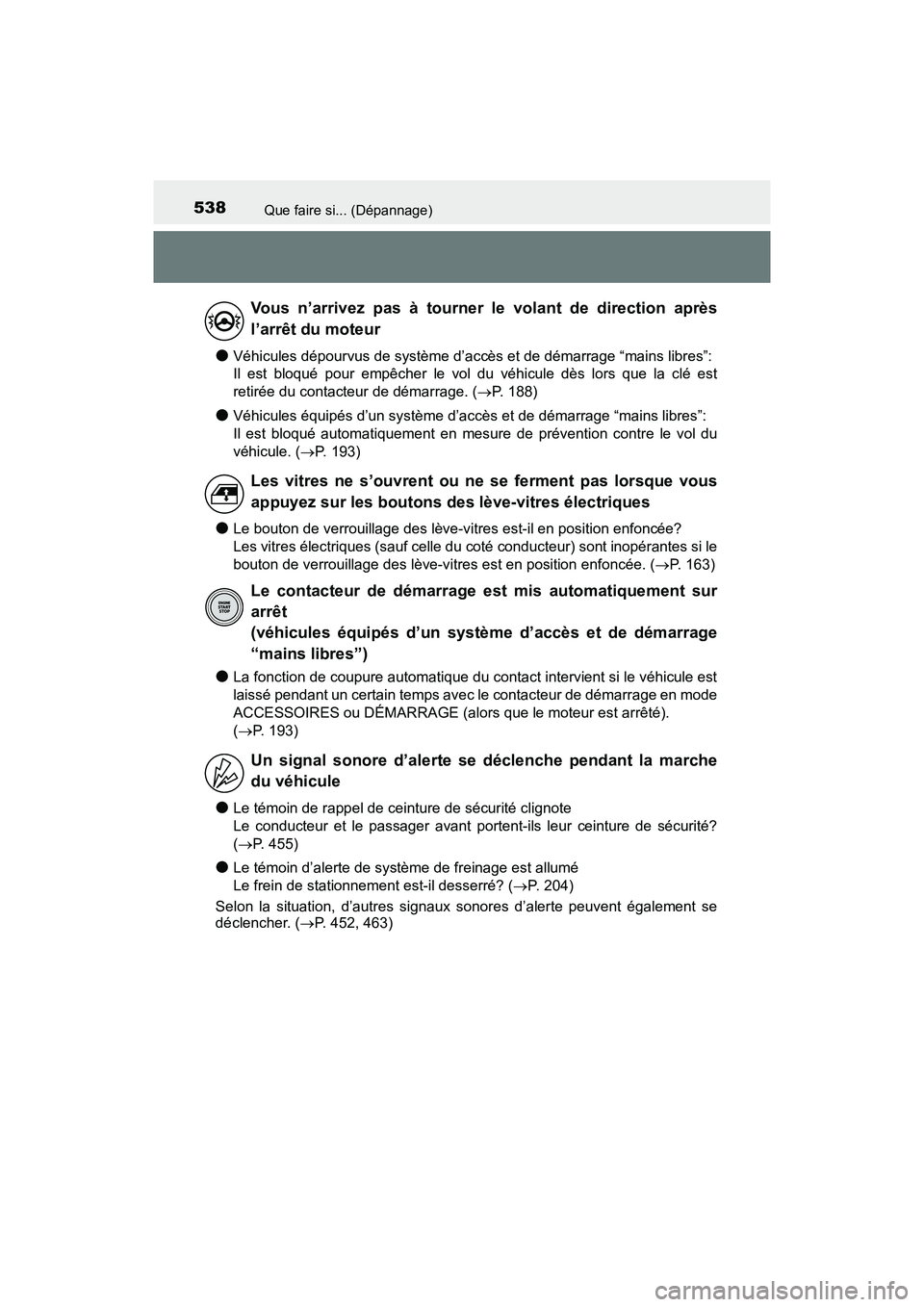 TOYOTA C-HR 2021 Manuel du propriétaire (in French) 538Que faire si... (Dépannage)
C-HR_OM_USA_OM10684D
●Véhicules dépourvus de système d’accès et de démarrage “mains libres”:
Il est bloqué pour empêcher le vol du véhicule dès lors qu TOYOTA C-HR 2021 Manuel du propriétaire (in French) 538Que faire si... (Dépannage)
C-HR_OM_USA_OM10684D
●Véhicules dépourvus de système d’accès et de démarrage “mains libres”:
Il est bloqué pour empêcher le vol du véhicule dès lors qu