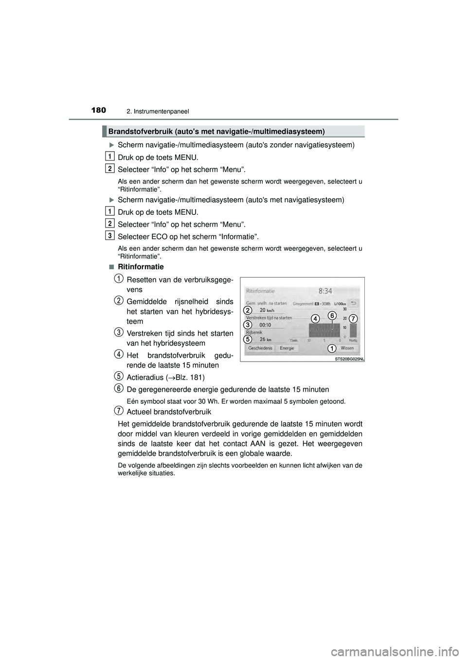 TOYOTA C-HR 2021  Instructieboekje (in Dutch) 1802. Instrumentenpaneel
C-HR_HV_OM_Europe_OM10566E
Scherm navigatie-/multimediasysteem (autos zonder navigatiesysteem)
Druk op de toets MENU.
Selecteer “Info” op het scherm “Menu”.
Als ee