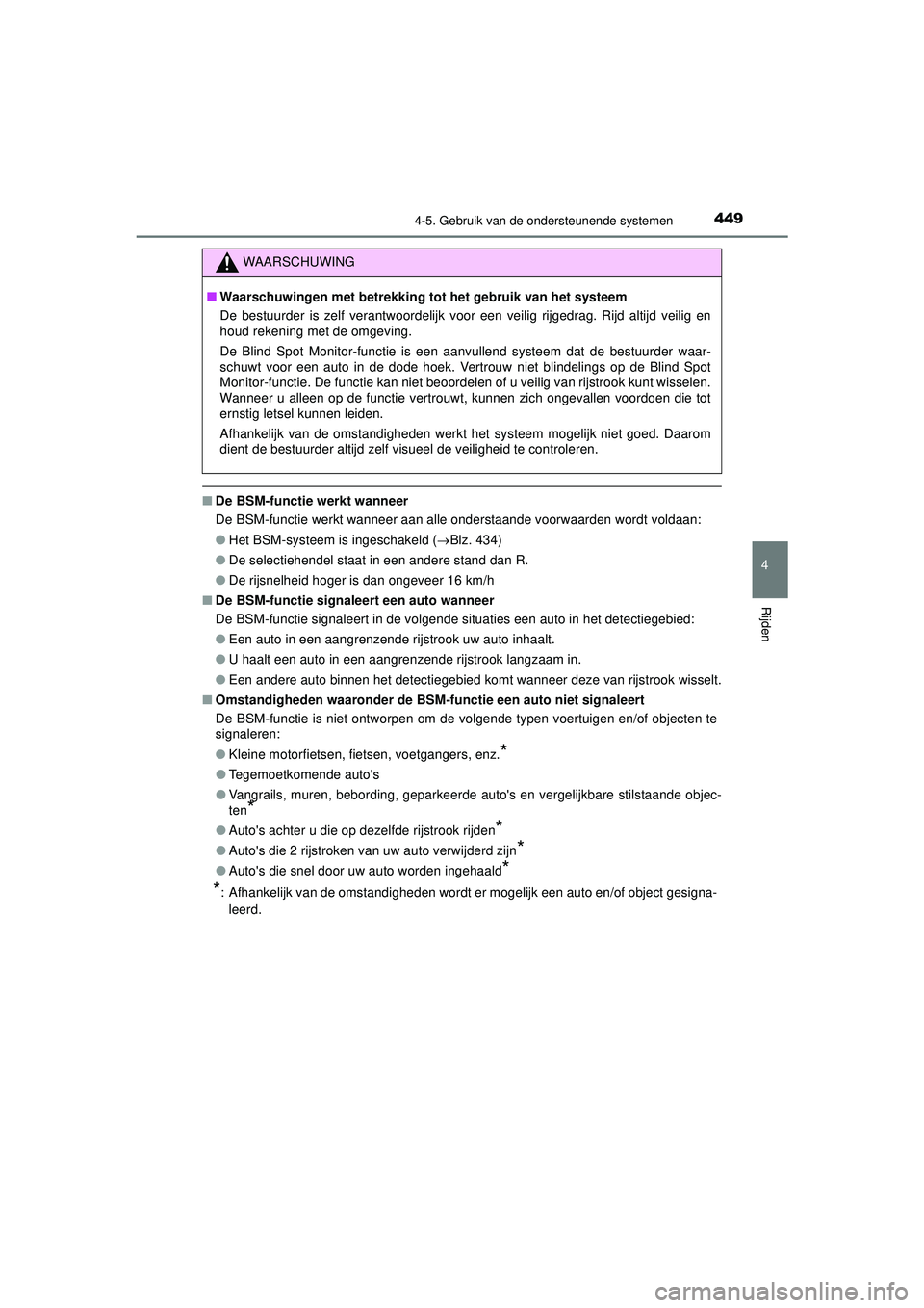 TOYOTA C-HR 2021 Instructieboekje (in Dutch) 4494-5. Gebruik van de ondersteunende systemen
4
Rijden
C-HR_HV_OM_Europe_OM10566E
■De BSM-functie werkt wanneer
De BSM-functie werkt wanneer aan alle onderstaande voorwaarden wordt voldaan:
●Het TOYOTA C-HR 2021 Instructieboekje (in Dutch) 4494-5. Gebruik van de ondersteunende systemen
4
Rijden
C-HR_HV_OM_Europe_OM10566E
■De BSM-functie werkt wanneer
De BSM-functie werkt wanneer aan alle onderstaande voorwaarden wordt voldaan:
●Het