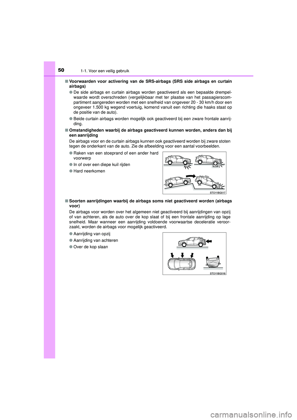 TOYOTA C-HR 2021 Instructieboekje (in Dutch) 501-1. Voor een veilig gebruik
C-HR_HV_OM_Europe_OM10566E■
Voorwaarden voor activering van de SRS- airbags (SRS side airbags en curtain
airbags)
● De side airbags en curtain airbags worden geactiv TOYOTA C-HR 2021 Instructieboekje (in Dutch) 501-1. Voor een veilig gebruik
C-HR_HV_OM_Europe_OM10566E■
Voorwaarden voor activering van de SRS- airbags (SRS side airbags en curtain
airbags)
● De side airbags en curtain airbags worden geactiv