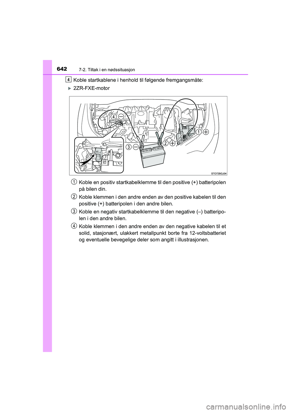 TOYOTA C-HR 2021  Instruksjoner for bruk (in Norwegian) 6427-2. Tiltak i en nødssituasjon
C-HR_HV_OM_Europe_OM10566NO
Koble startkablene i henhold til følgende fremgangsmåte:
2ZR-FXE-motorKoble en positiv startkabelklemme  til den positive (+) batter