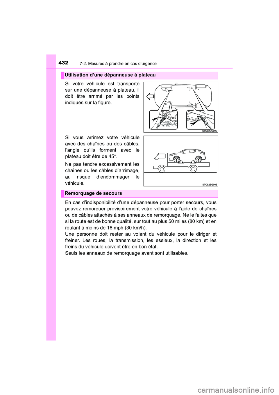 TOYOTA C-HR 2020  Manuel du propriétaire (in French) 4327-2. Mesures à prendre en cas d’urgence
C-HR_OM_USA_OM10634D
Si votre véhicule est transporté
sur une dépanneuse à plateau, il
doit être arrimé par les points
indiqués sur la figure.
Si v