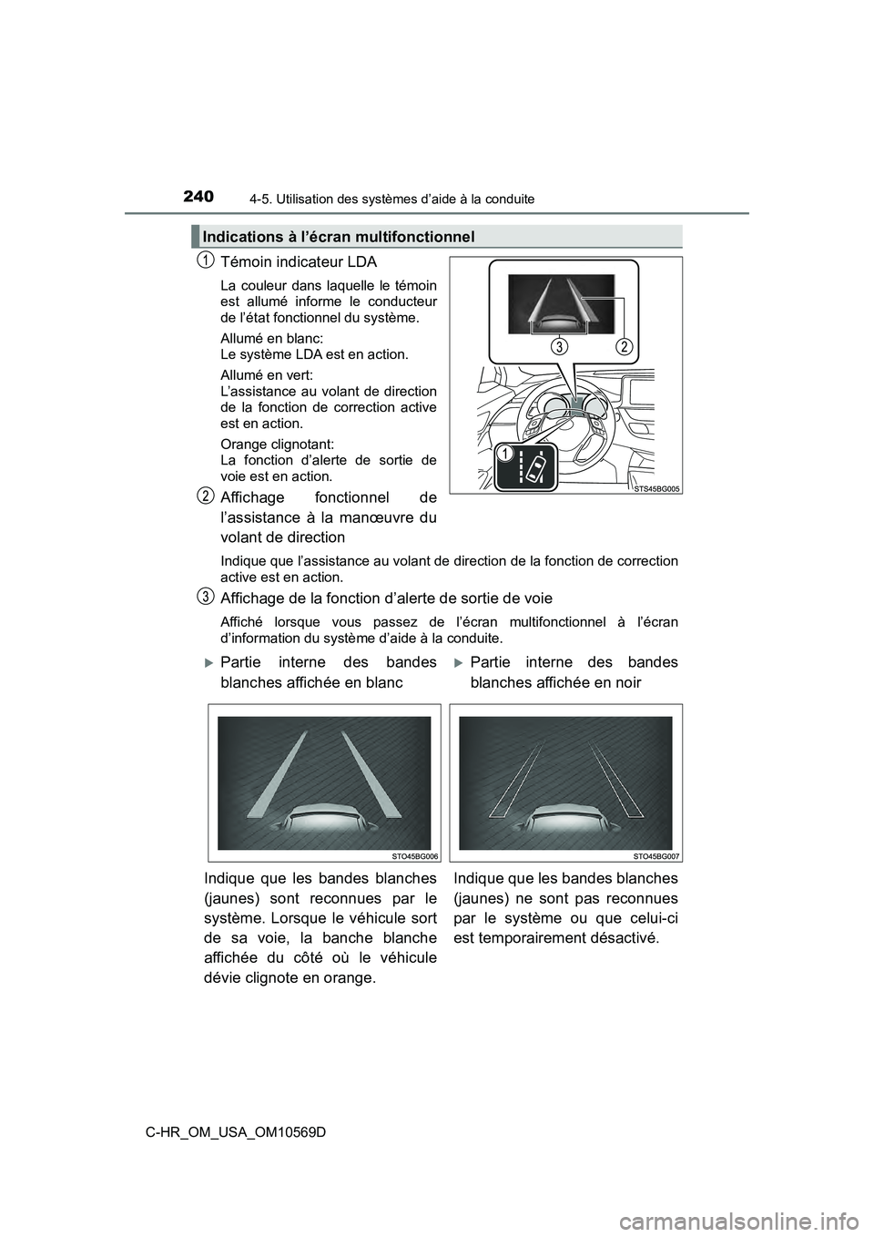 TOYOTA C-HR 2019 Manuel du propriétaire (in French) 2404-5. Utilisation des systèmes d’aide à la conduite
C-HR_OM_USA_OM10569D
Témoin indicateur LDA
La couleur dans laquelle le témoin
est allumé informe le conducteur
de l’état fonctionnel du TOYOTA C-HR 2019 Manuel du propriétaire (in French) 2404-5. Utilisation des systèmes d’aide à la conduite
C-HR_OM_USA_OM10569D
Témoin indicateur LDA
La couleur dans laquelle le témoin
est allumé informe le conducteur
de l’état fonctionnel du