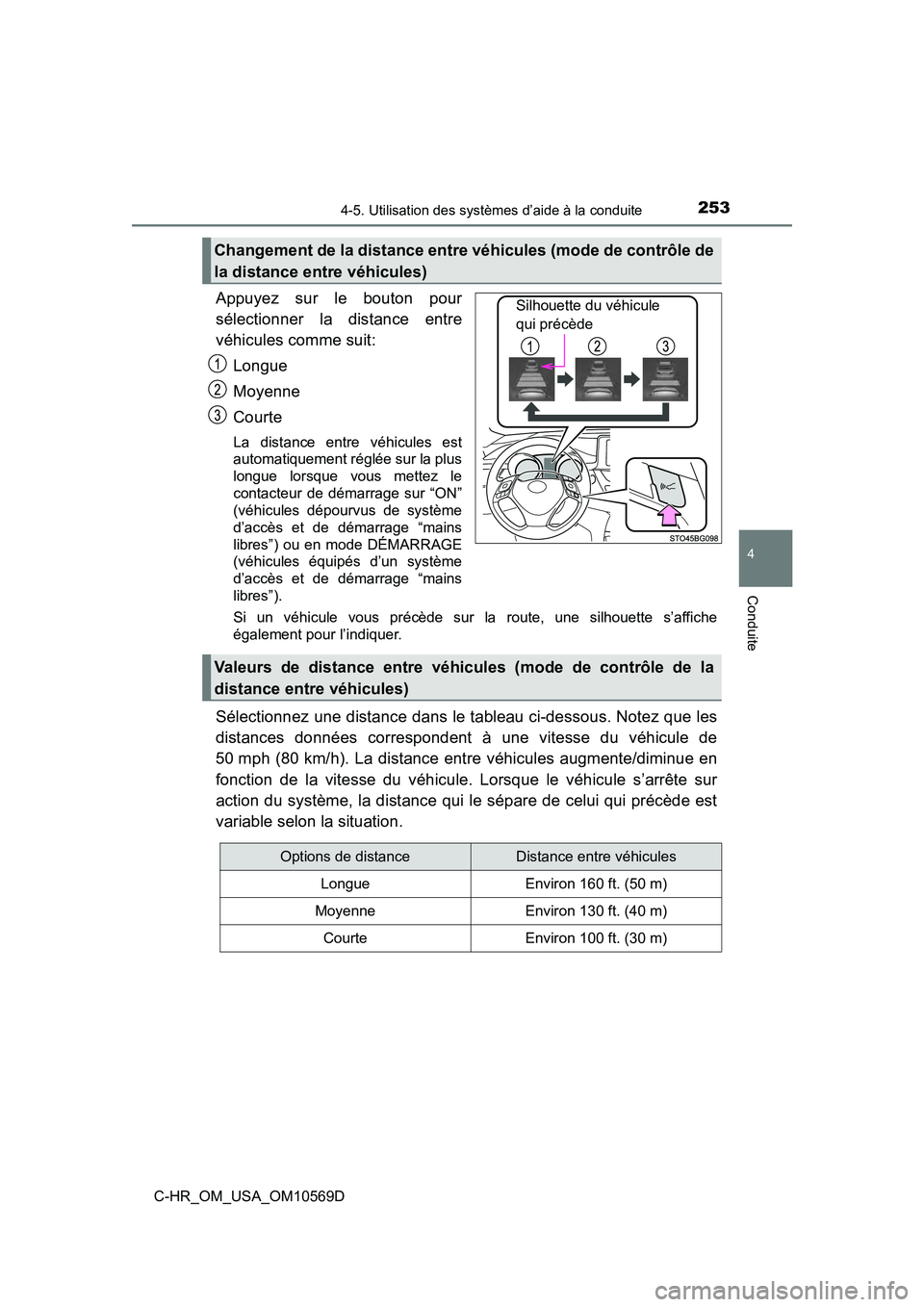 TOYOTA C-HR 2019 Manuel du propriétaire (in French) 2534-5. Utilisation des systèmes d’aide à la conduite
4
Conduite
C-HR_OM_USA_OM10569D
Appuyez sur le bouton pour
sélectionner la distance entre
véhicules comme suit:Longue
Moyenne
Courte
La dist TOYOTA C-HR 2019 Manuel du propriétaire (in French) 2534-5. Utilisation des systèmes d’aide à la conduite
4
Conduite
C-HR_OM_USA_OM10569D
Appuyez sur le bouton pour
sélectionner la distance entre
véhicules comme suit:Longue
Moyenne
Courte
La dist