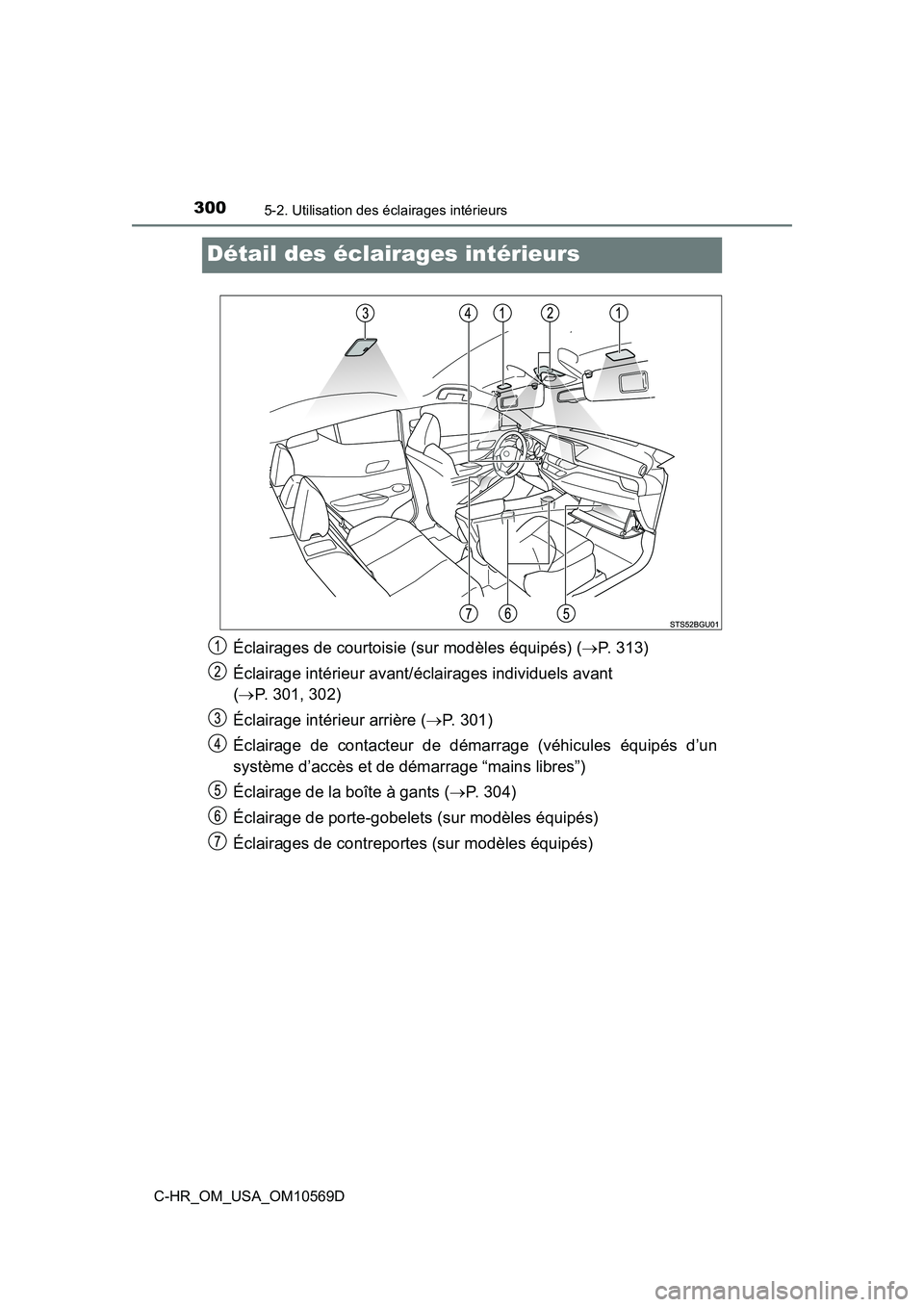 TOYOTA C-HR 2019  Manuel du propriétaire (in French) 3005-2. Utilisation des éclairages intérieurs
C-HR_OM_USA_OM10569D
Détail des éclairages intérieurs
Éclairages de courtoisie (sur modèles équipés) (P. 313)
Éclairage intérieur avant/écl