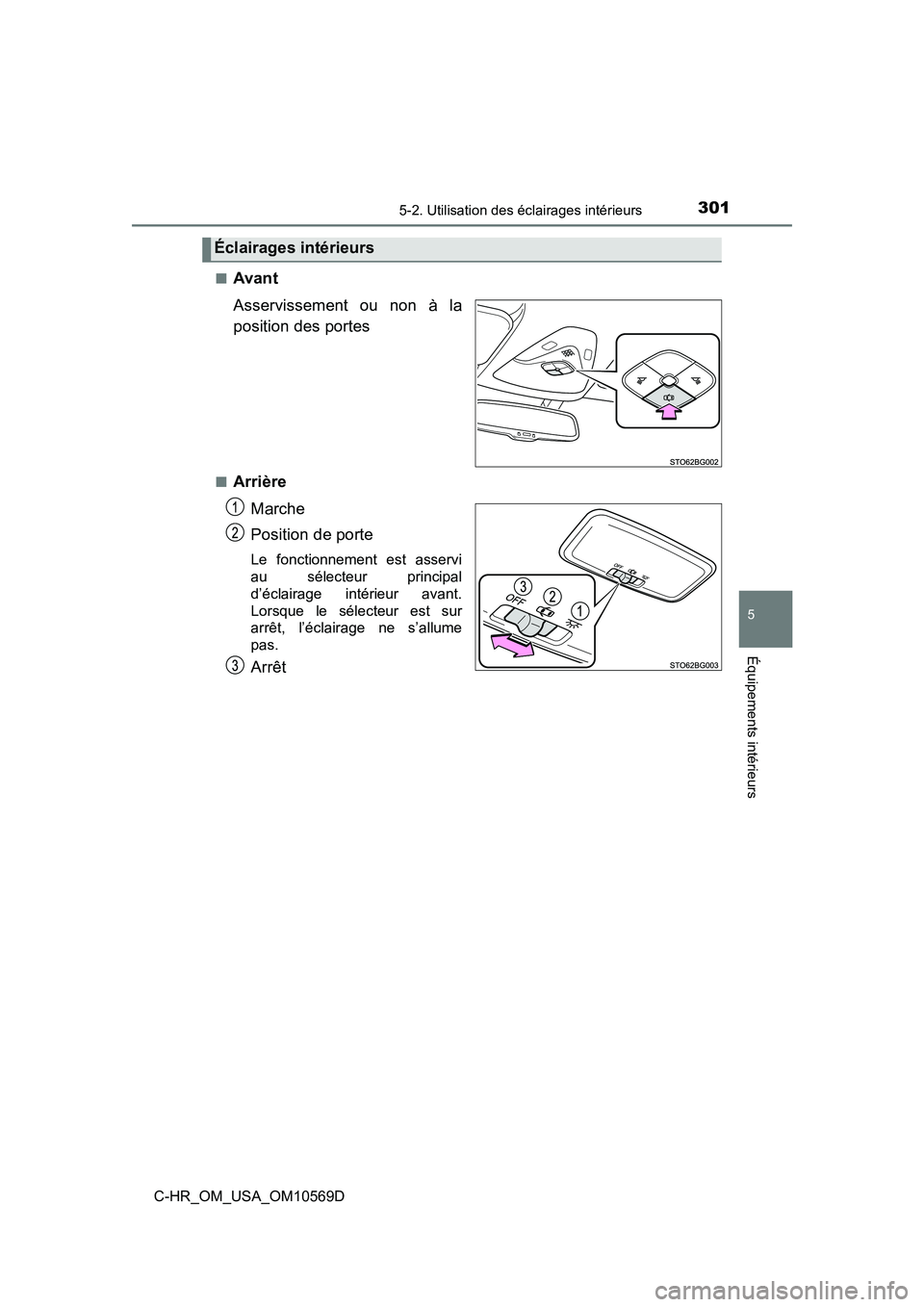 TOYOTA C-HR 2019  Manuel du propriétaire (in French) 3015-2. Utilisation des éclairages intérieurs
5
Équipements intérieurs
C-HR_OM_USA_OM10569D■
Avant
Asservissement ou non à la
position des portes
■Arrière
Marche
Position de porte
Le fonctio
