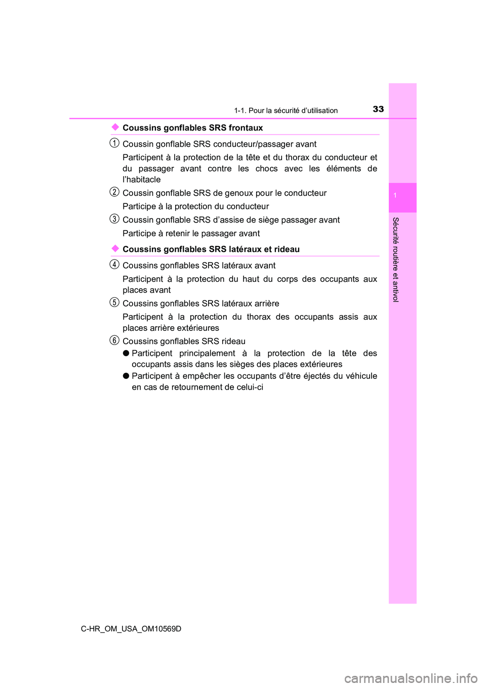 TOYOTA C-HR 2019 Manuel du propriétaire (in French) 331-1. Pour la sécurité d’utilisation
1
Sécurité routière et antivol
C-HR_OM_USA_OM10569D
◆Coussins gonflables SRS frontaux
Coussin gonflable SRS conducteur/passager avant
Participent à la p TOYOTA C-HR 2019 Manuel du propriétaire (in French) 331-1. Pour la sécurité d’utilisation
1
Sécurité routière et antivol
C-HR_OM_USA_OM10569D
◆Coussins gonflables SRS frontaux
Coussin gonflable SRS conducteur/passager avant
Participent à la p