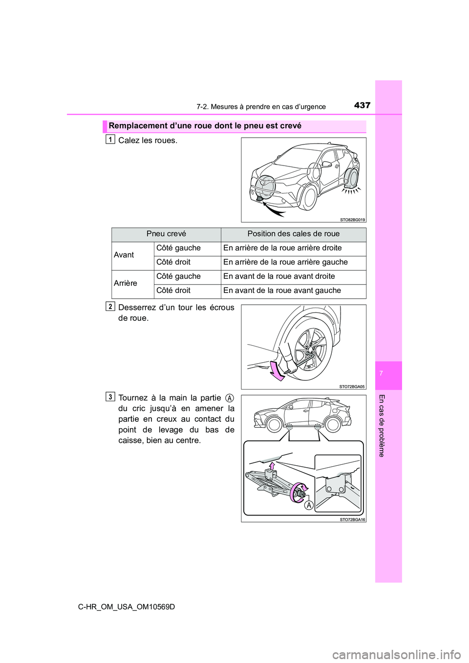TOYOTA C-HR 2019  Manuel du propriétaire (in French) 4377-2. Mesures à prendre en cas d’urgence
7
En cas de problème
C-HR_OM_USA_OM10569D
Calez les roues.
Desserrez d’un tour les écrous
de roue.
Tournez à la main la partie 
du cric jusqu’à en