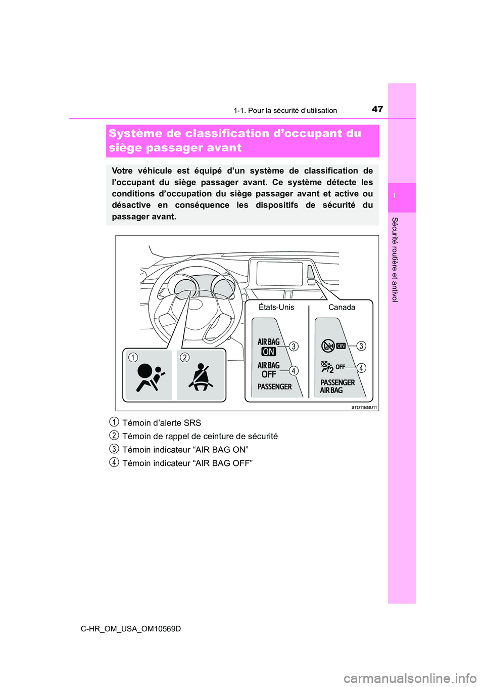 TOYOTA C-HR 2019  Manuel du propriétaire (in French) 471-1. Pour la sécurité d’utilisation
1
Sécurité routière et antivol
C-HR_OM_USA_OM10569D
Système de classification d’occupant du 
siège passager avant
Témoin d’alerte SRS
Témoin de rap