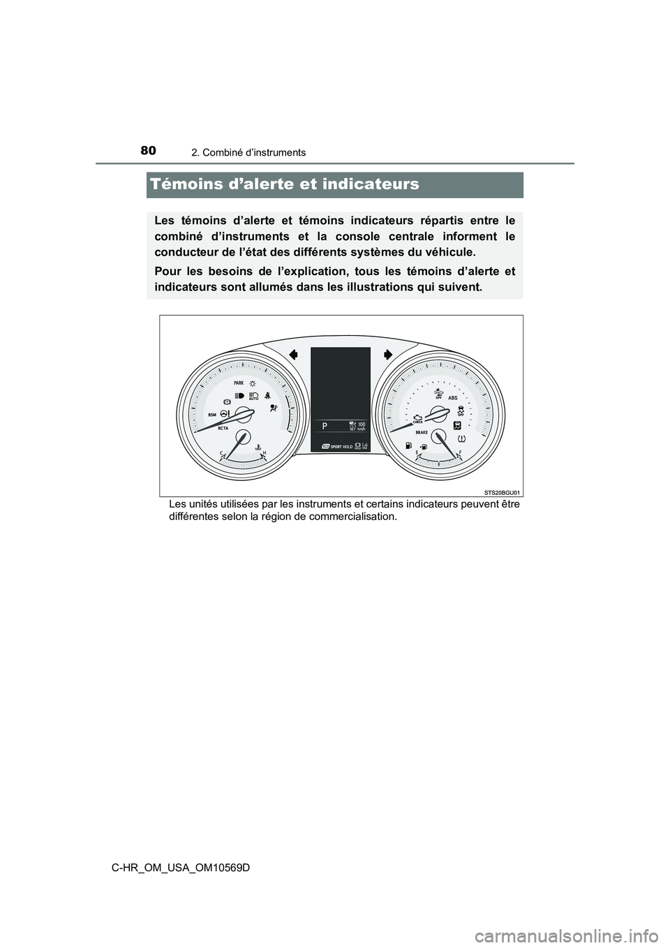 TOYOTA C-HR 2019  Manuel du propriétaire (in French) 802. Combiné d’instruments
C-HR_OM_USA_OM10569D
Témoins d’alerte et indicateurs
Les unités utilisées par les instruments et certains indicateurs peuvent être
différentes selon la région de 