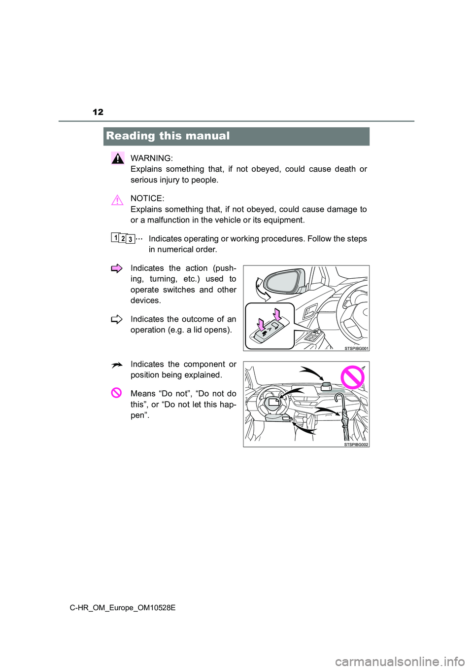 TOYOTA C-HR 2016  Owners Manual 12
C-HR_OM_Europe_OM10528E
Reading this manual
WARNING:  
Explains something that, if not obeyed, could cause death or 
serious injury to people. 
NOTICE:  
Explains something that, if not obeyed, cou