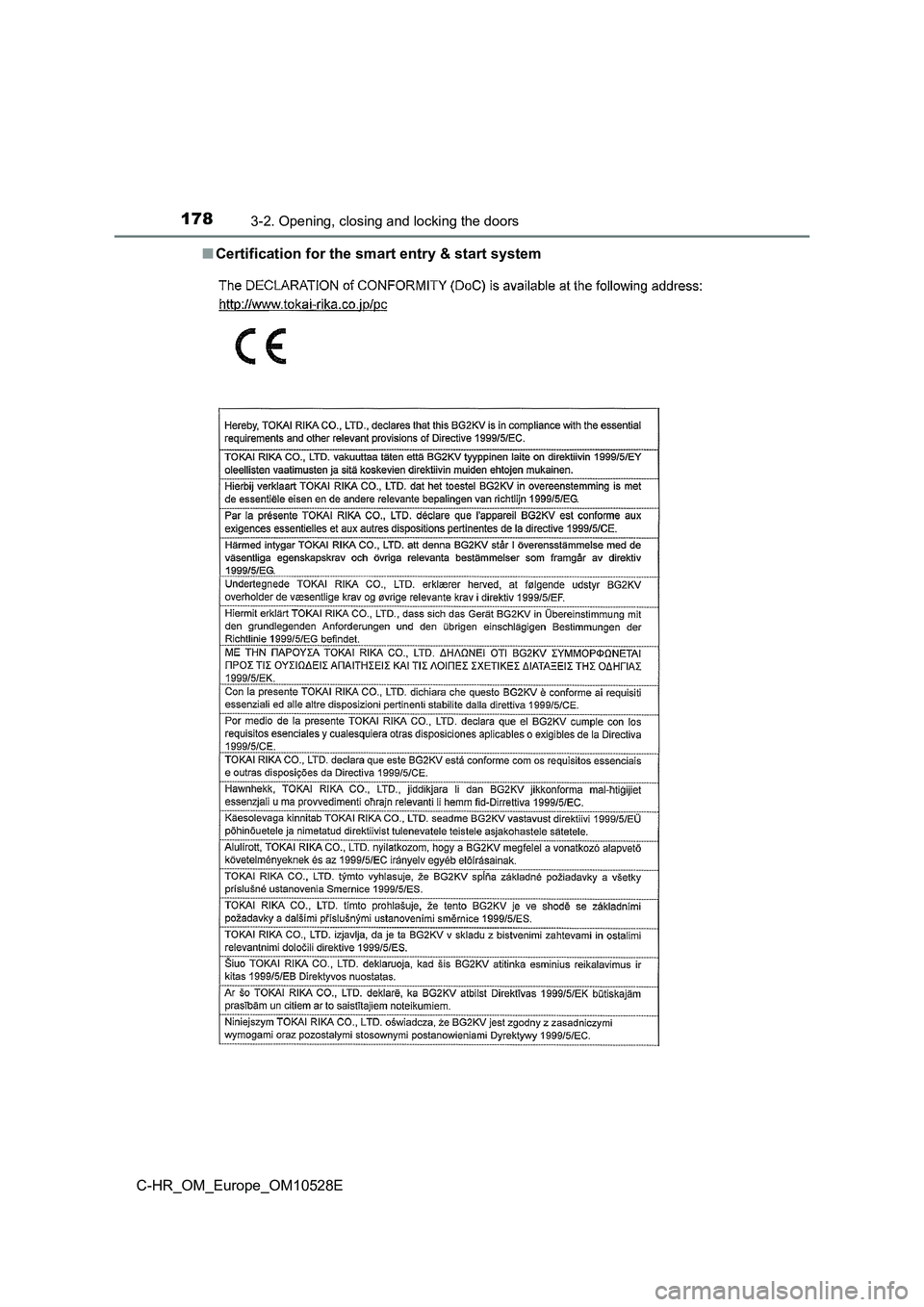 TOYOTA C-HR 2017  Owners Manual 1783-2. Opening, closing and locking the doors
C-HR_OM_Europe_OM10528E 
■ Certification for the smart entry & start system 