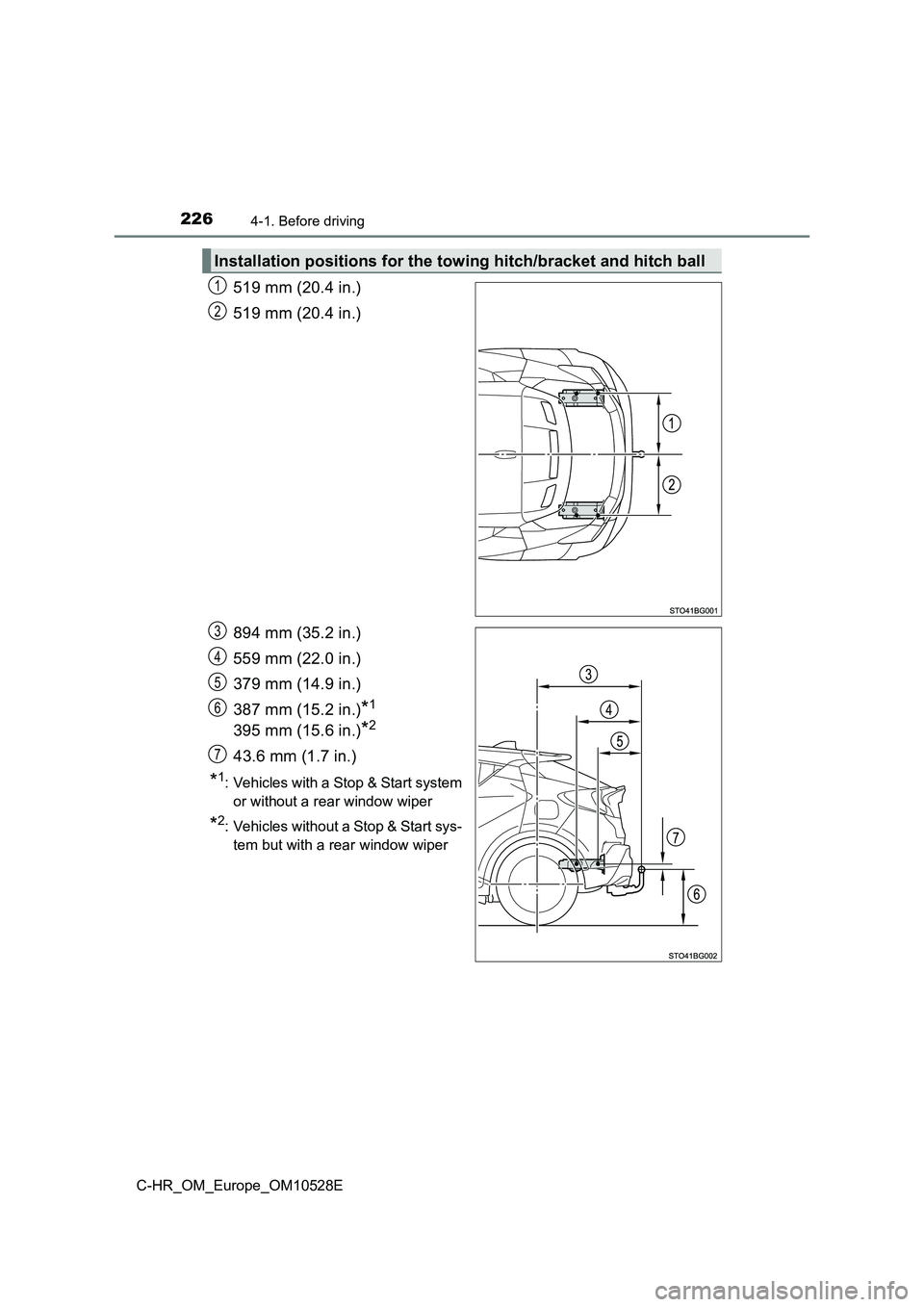 TOYOTA C-HR 2016  Owners Manual 2264-1. Before driving
C-HR_OM_Europe_OM10528E
519 mm (20.4 in.) 
519 mm (20.4 in.) 
894 mm (35.2 in.) 
559 mm (22.0 in.) 
379 mm (14.9 in.) 
387 mm (15.2 in.)*1
395 mm (15.6 in.)*2
43.6 mm (1.7 in.)
