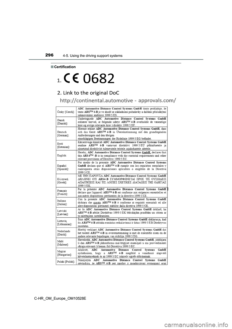 TOYOTA C-HR 2017  Owners Manual 2964-5. Using the driving support systems
C-HR_OM_Europe_OM10528E
■Certification 