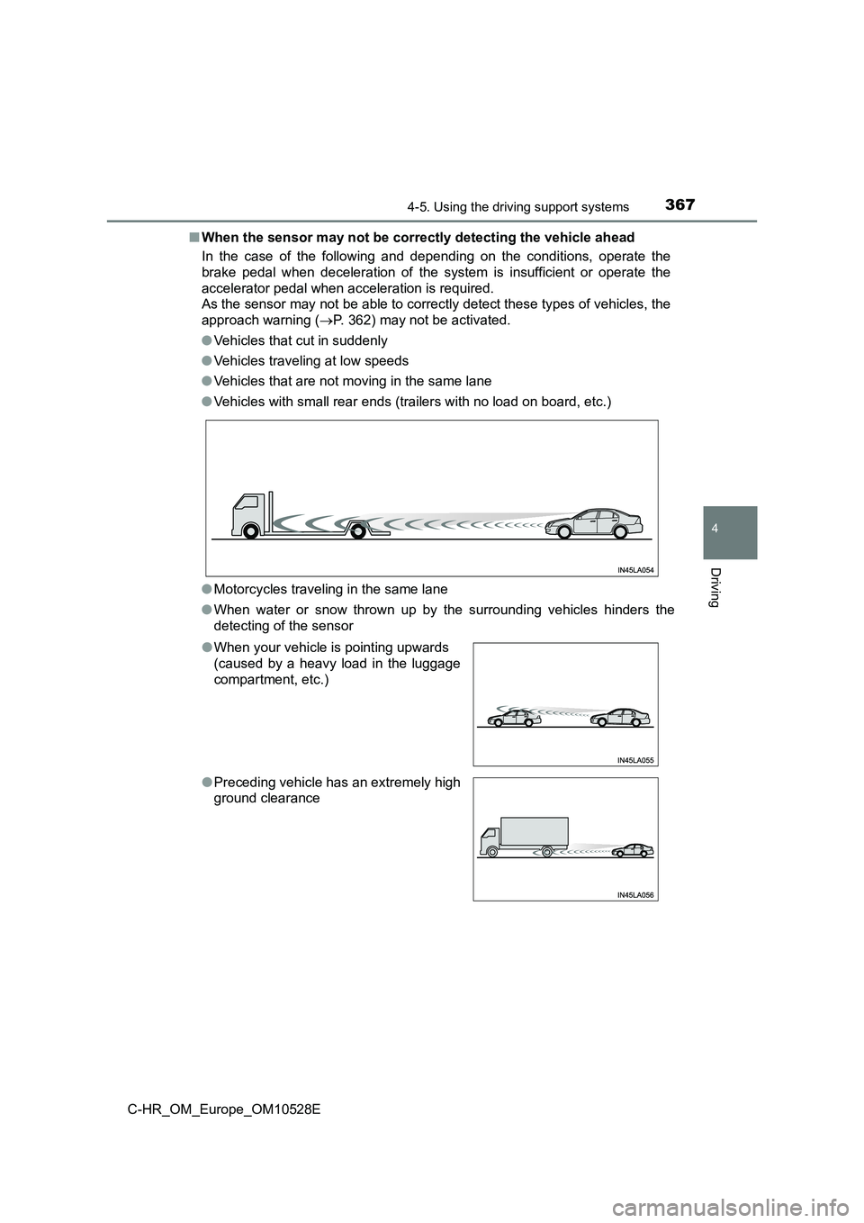 TOYOTA C-HR 2016  Owners Manual 3674-5. Using the driving support systems
4
Driving
C-HR_OM_Europe_OM10528E 
■ When the sensor may not be correctly detecting the vehicle ahead 
In the case of the following and depending on the con