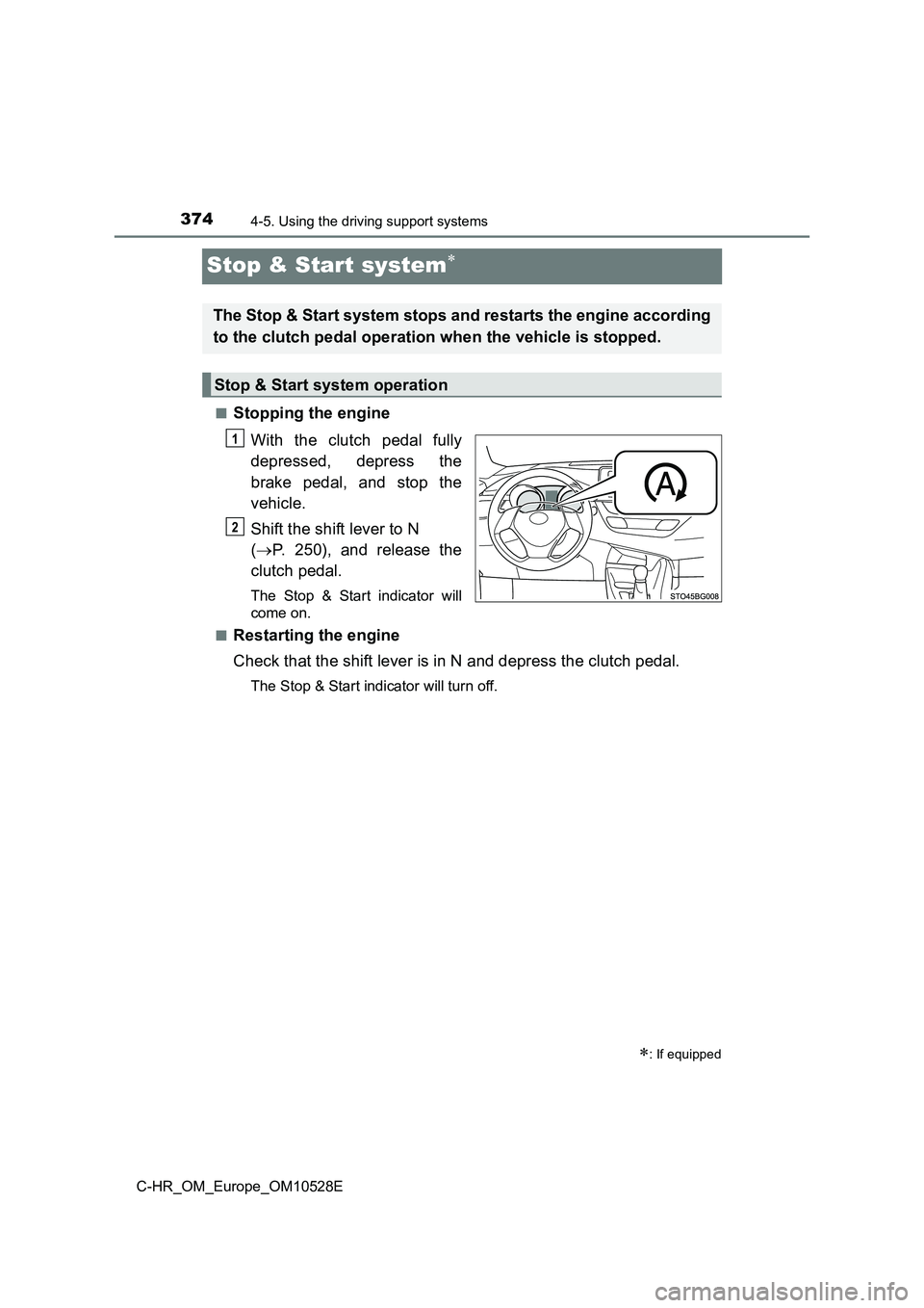 TOYOTA C-HR 2016  Owners Manual 3744-5. Using the driving support systems
C-HR_OM_Europe_OM10528E
Stop & Start system
■Stopping the engine 
With the clutch pedal fully 
depressed, depress the 
brake pedal, and stop the 
vehicle