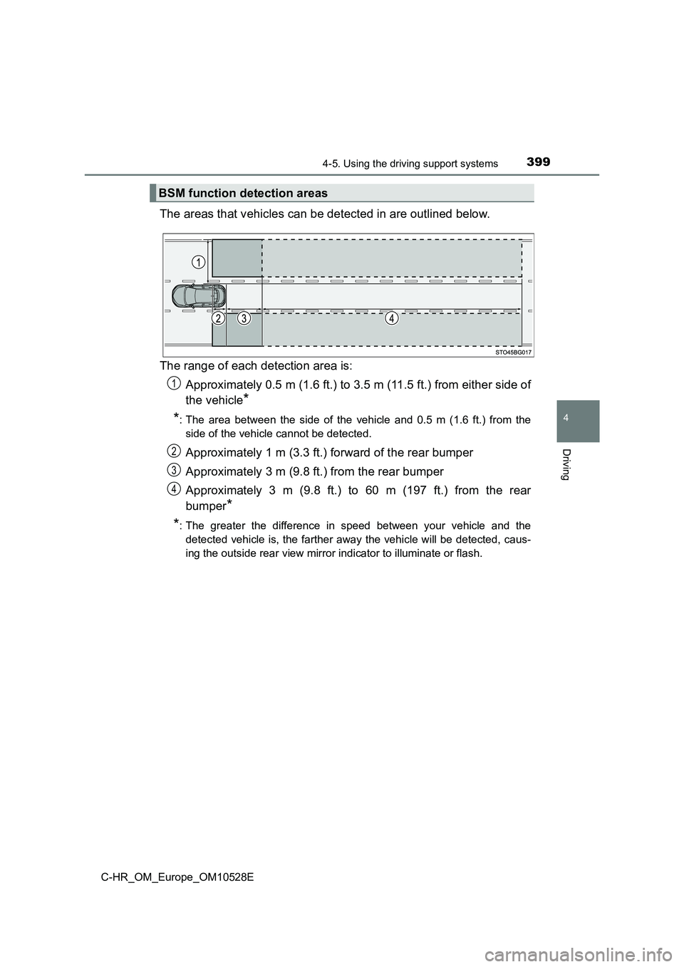 TOYOTA C-HR 2017  Owners Manual 3994-5. Using the driving support systems
4
Driving
C-HR_OM_Europe_OM10528E
The areas that vehicles can be detected in are outlined below. 
The range of each detection area is: 
Approximately 0.5 m (1
