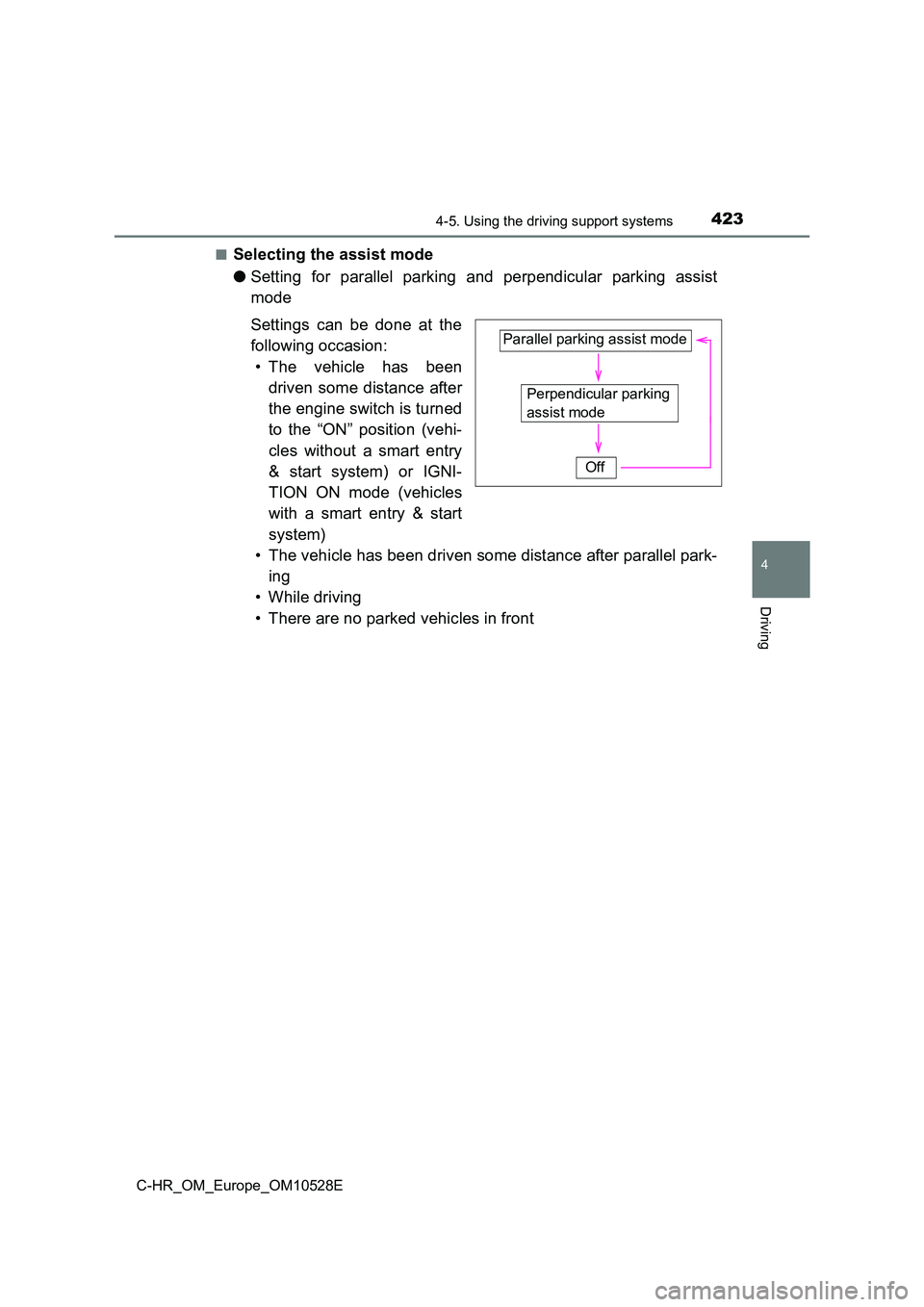 TOYOTA C-HR 2017  Owners Manual 4234-5. Using the driving support systems
4
Driving
C-HR_OM_Europe_OM10528E 
■Selecting the assist mode 
● Setting for parallel parking and perpendicular parking assist 
mode  
Settings can be don