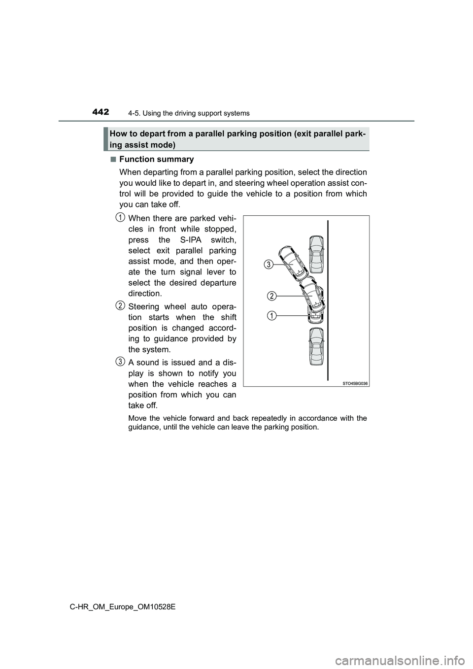 TOYOTA C-HR 2017  Owners Manual 4424-5. Using the driving support systems
C-HR_OM_Europe_OM10528E 
■Function summary 
When departing from a parallel parking position, select the direction 
you would like to depart in, and steering