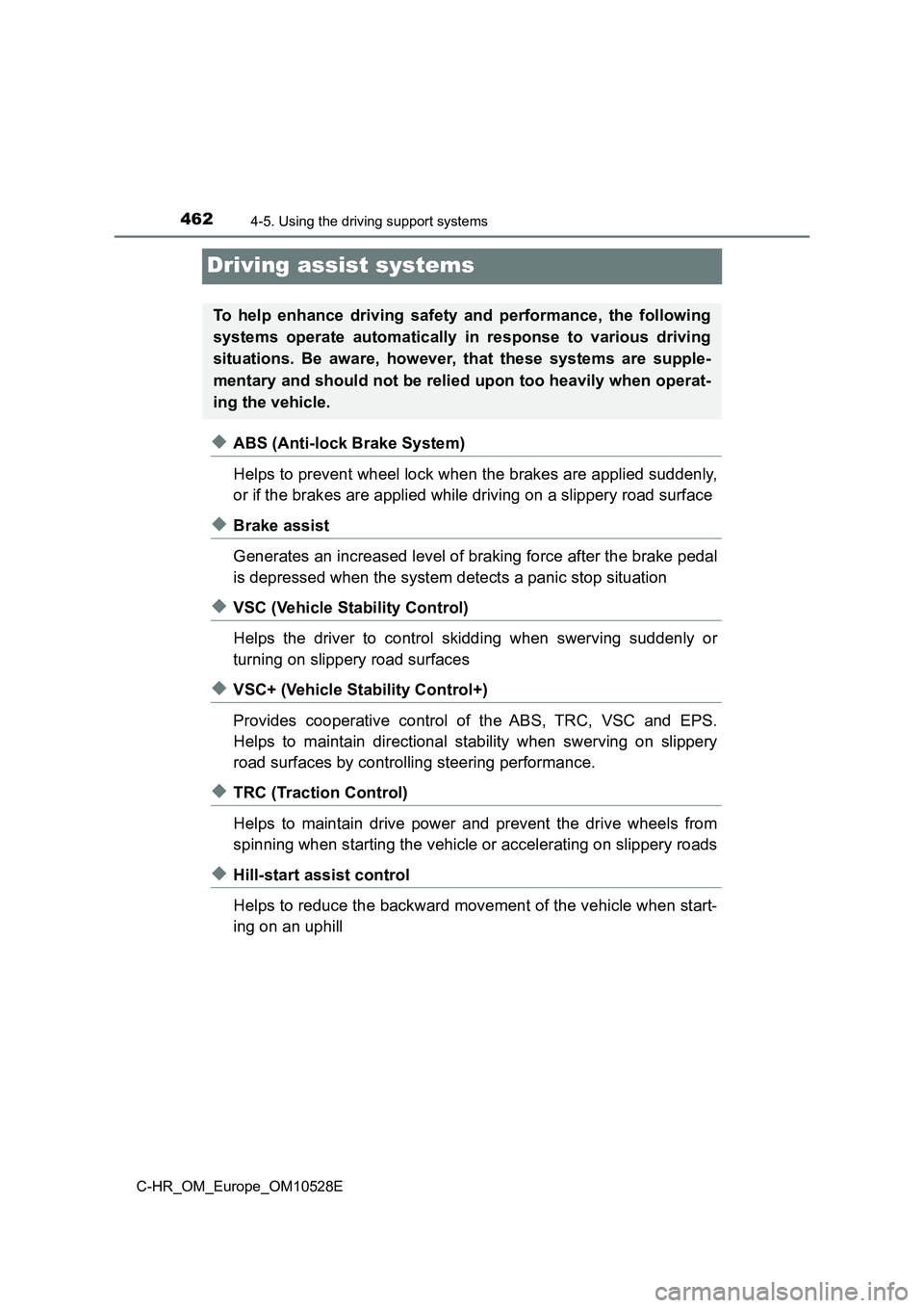 TOYOTA C-HR 2017  Owners Manual 4624-5. Using the driving support systems
C-HR_OM_Europe_OM10528E
Driving assist systems
◆ABS (Anti-lock Brake System) 
Helps to prevent wheel lock when the brakes are applied suddenly, 
or if the b