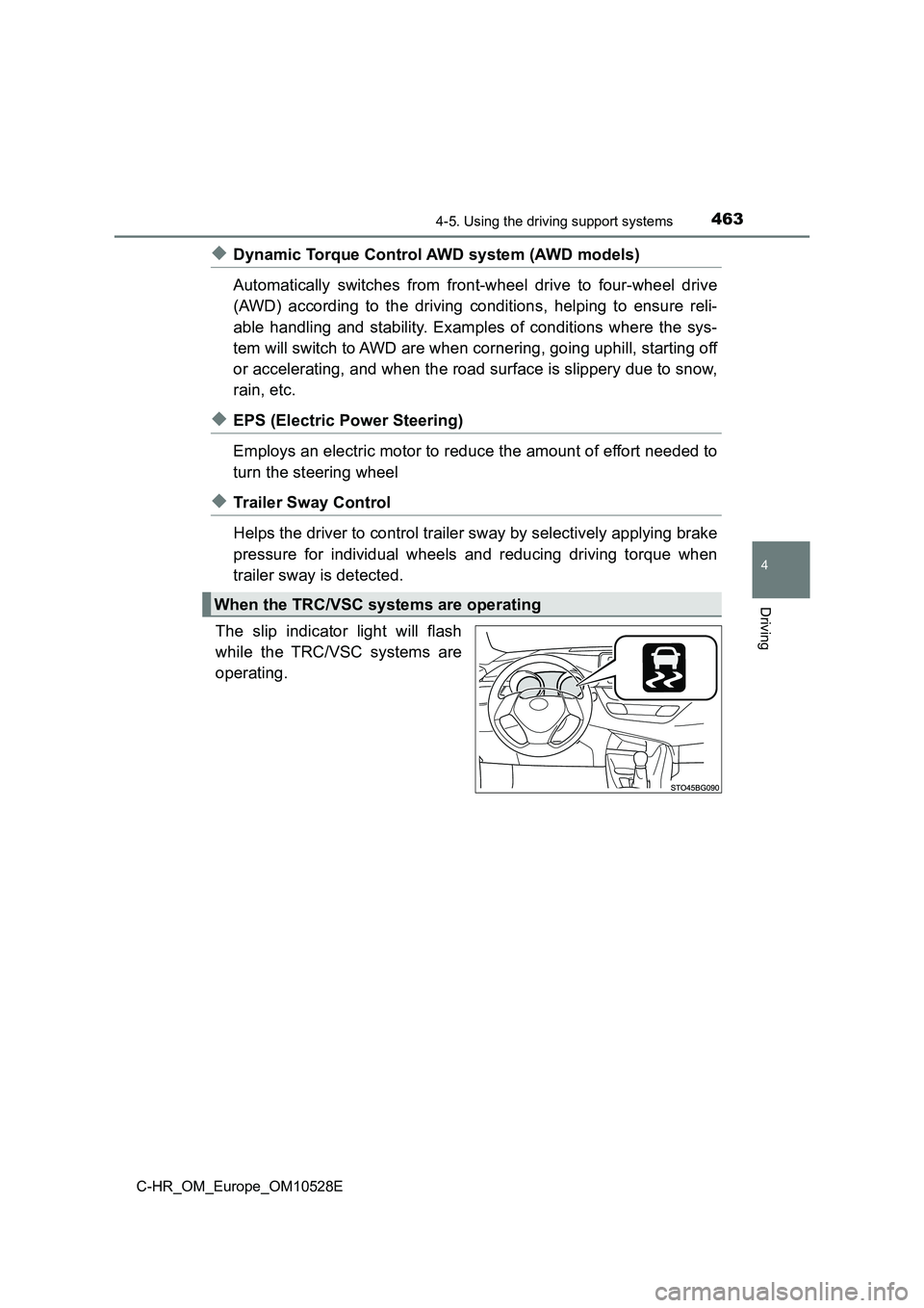 TOYOTA C-HR 2017  Owners Manual 4634-5. Using the driving support systems
4
Driving
C-HR_OM_Europe_OM10528E
◆Dynamic Torque Control AWD system (AWD models) 
Automatically switches from front-wheel drive to four-wheel drive 
(AWD) 