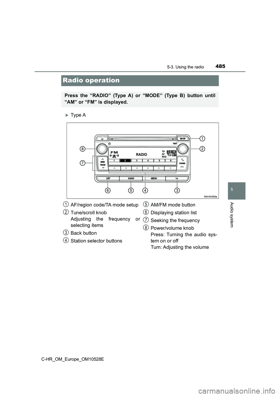 TOYOTA C-HR 2017  Owners Manual 4855-3. Using the radio
5
Audio system
C-HR_OM_Europe_OM10528E
Radio operation
Ty pe  A
Press the “RADIO” (Type A) or “MODE” (Type B) button until 
“AM” or “FM” is displayed.
AF/reg