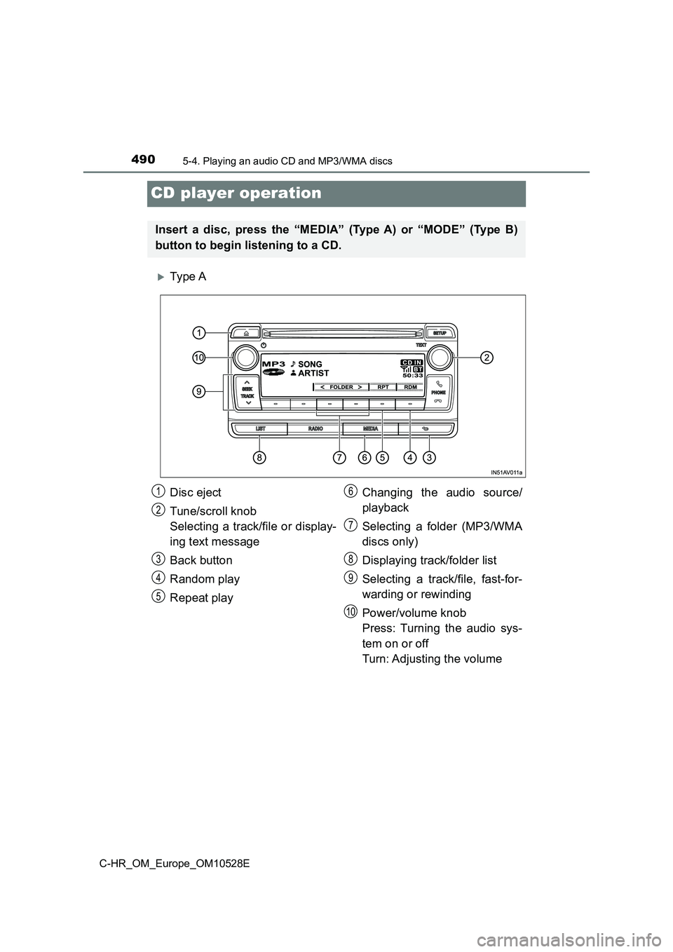 TOYOTA C-HR 2017  Owners Manual 4905-4. Playing an audio CD and MP3/WMA discs
C-HR_OM_Europe_OM10528E
CD player operation
Ty pe  A
Insert a disc, press the “MEDIA” (Type A) or “MODE” (Type B) 
button to begin listening to