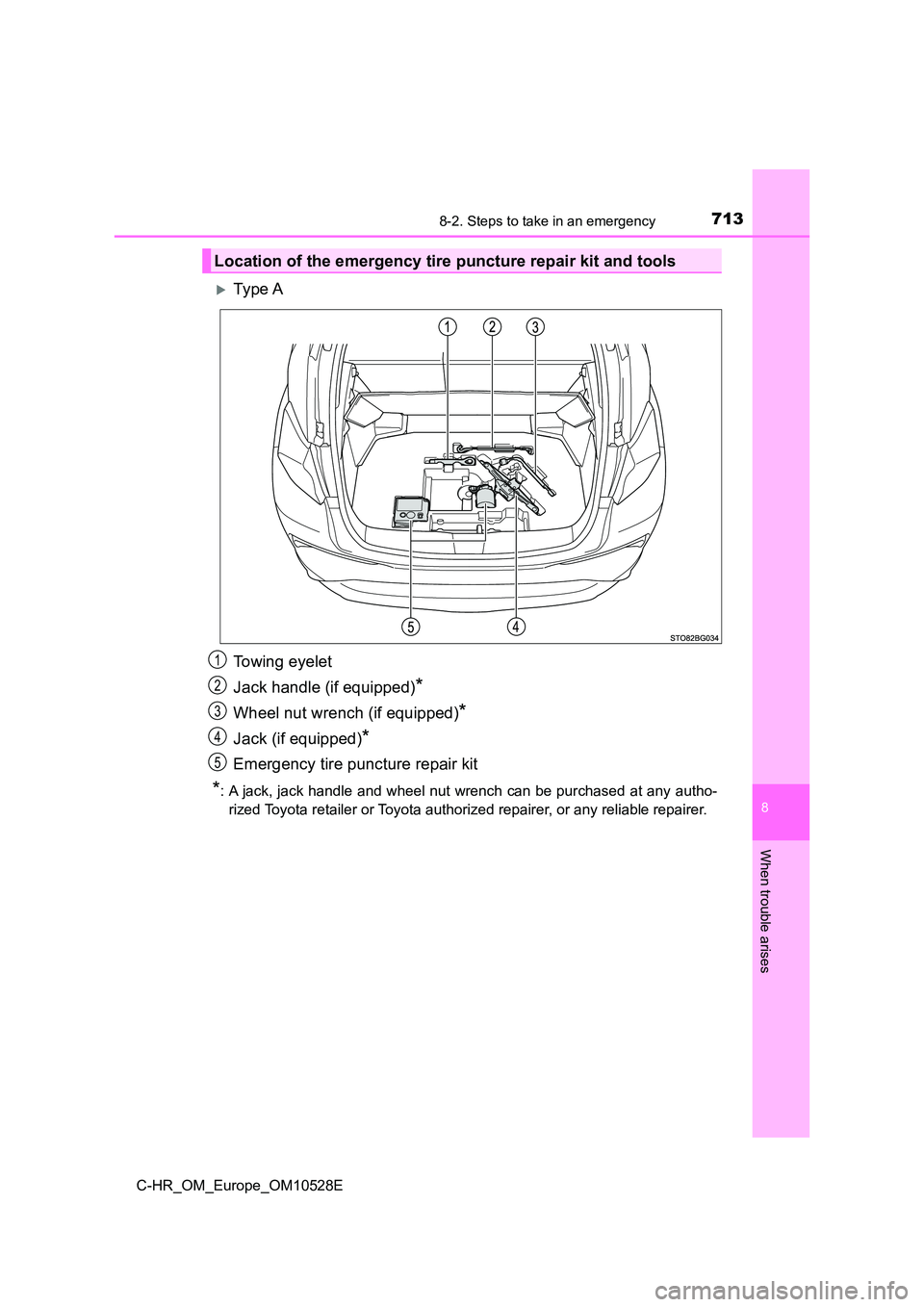 TOYOTA C-HR 2017  Owners Manual 7138-2. Steps to take in an emergency
8
When trouble arises
C-HR_OM_Europe_OM10528E
Ty pe  A 
Towing eyelet 
Jack handle (if equipped)*
Wheel nut wrench (if equipped)*
Jack (if equipped)*
Emergency