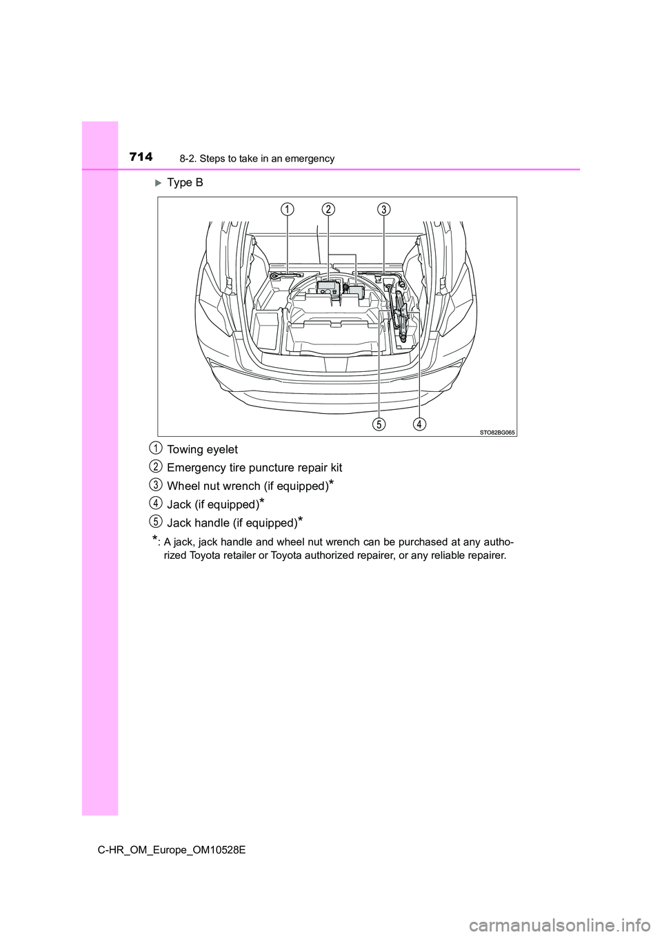 TOYOTA C-HR 2017  Owners Manual 7148-2. Steps to take in an emergency
C-HR_OM_Europe_OM10528E
Ty pe  B 
Towing eyelet 
Emergency tire puncture repair kit 
Wheel nut wrench (if equipped)*
Jack (if equipped)*
Jack handle (if equipp