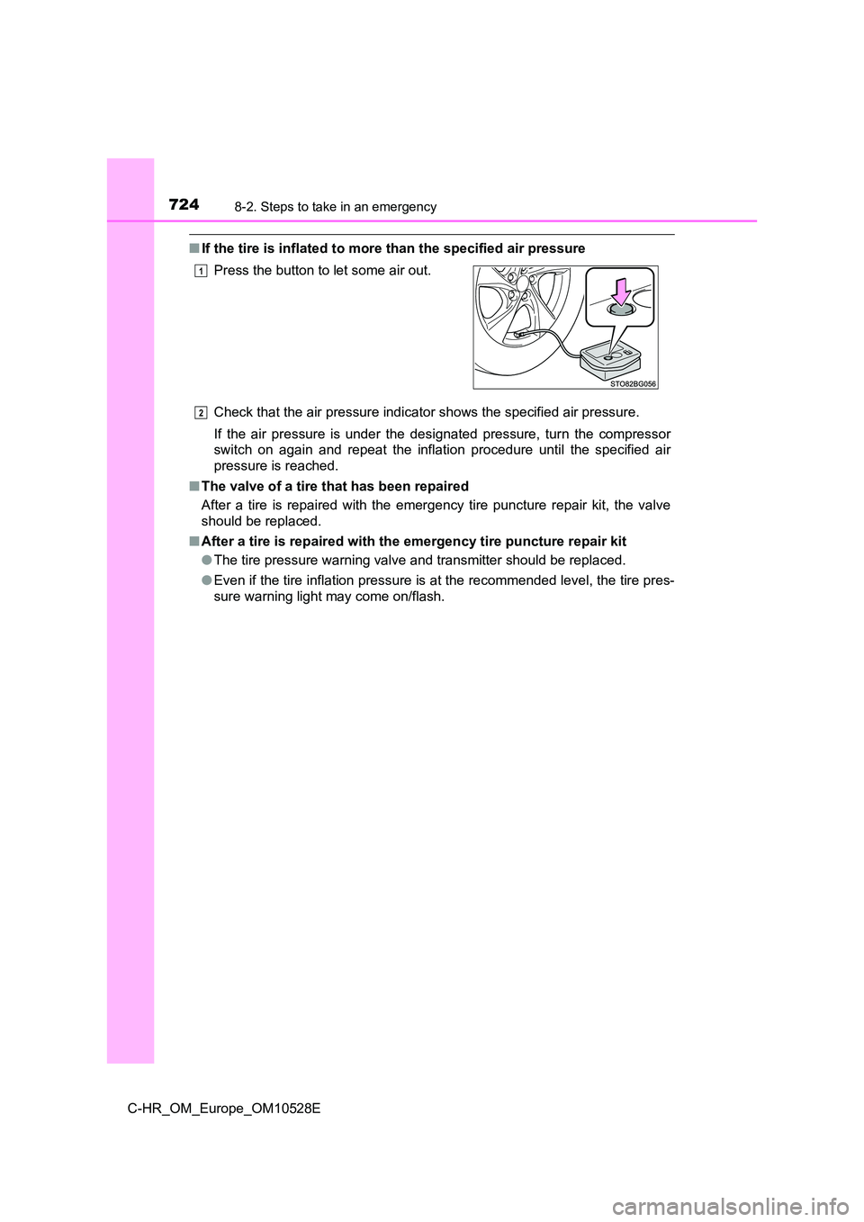 TOYOTA C-HR 2017  Owners Manual 7248-2. Steps to take in an emergency
C-HR_OM_Europe_OM10528E
■If the tire is inflated to more than the specified air pressure 
Check that the air pressure indicator shows the specified air pressure