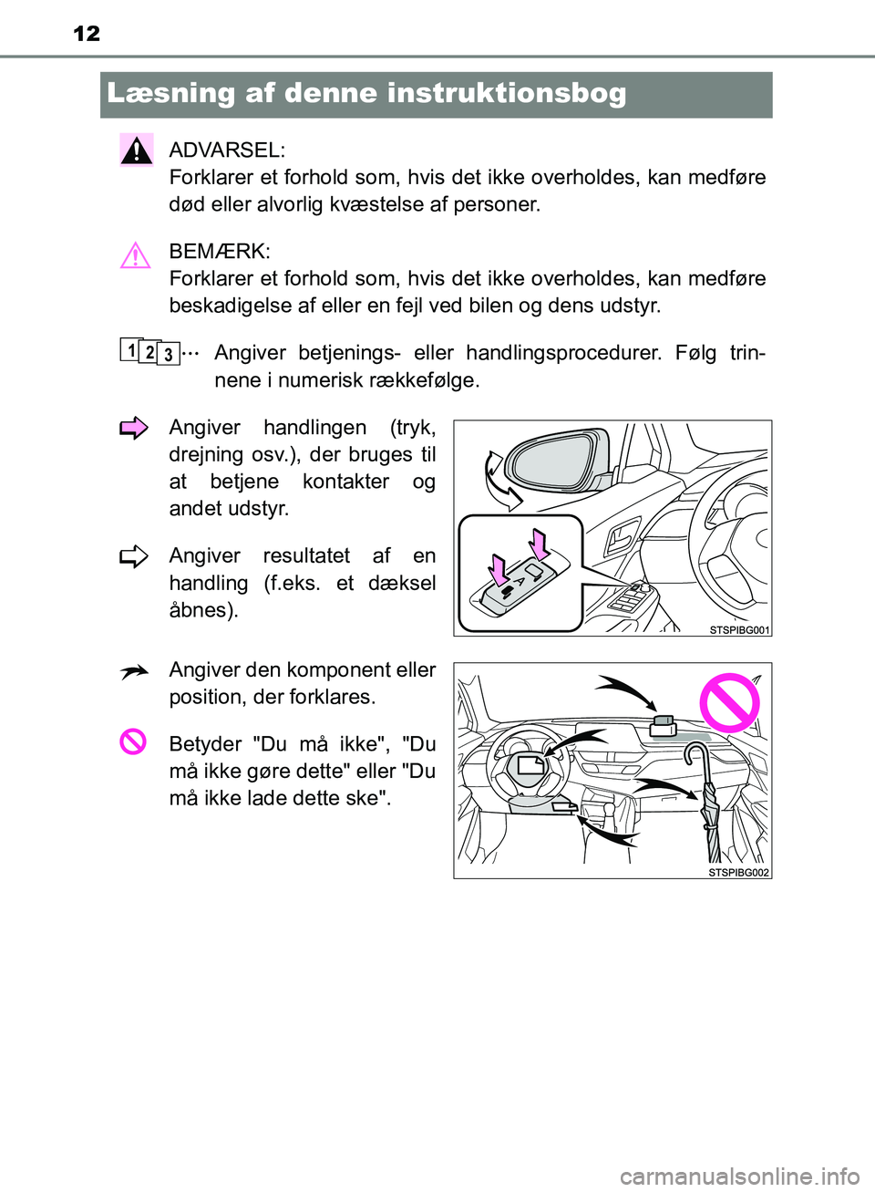 TOYOTA C-HR 2017  Brugsanvisning (in Danish) 12
OM10528DK_C-HR
Læsning af denne instruktionsbog
ADVARSEL: 
Forklarer et forhold som, hvis det ikke overholdes, kan medføre
død eller alvorlig kvæstelse af personer.
BEMÆRK: 
Forklarer et forho