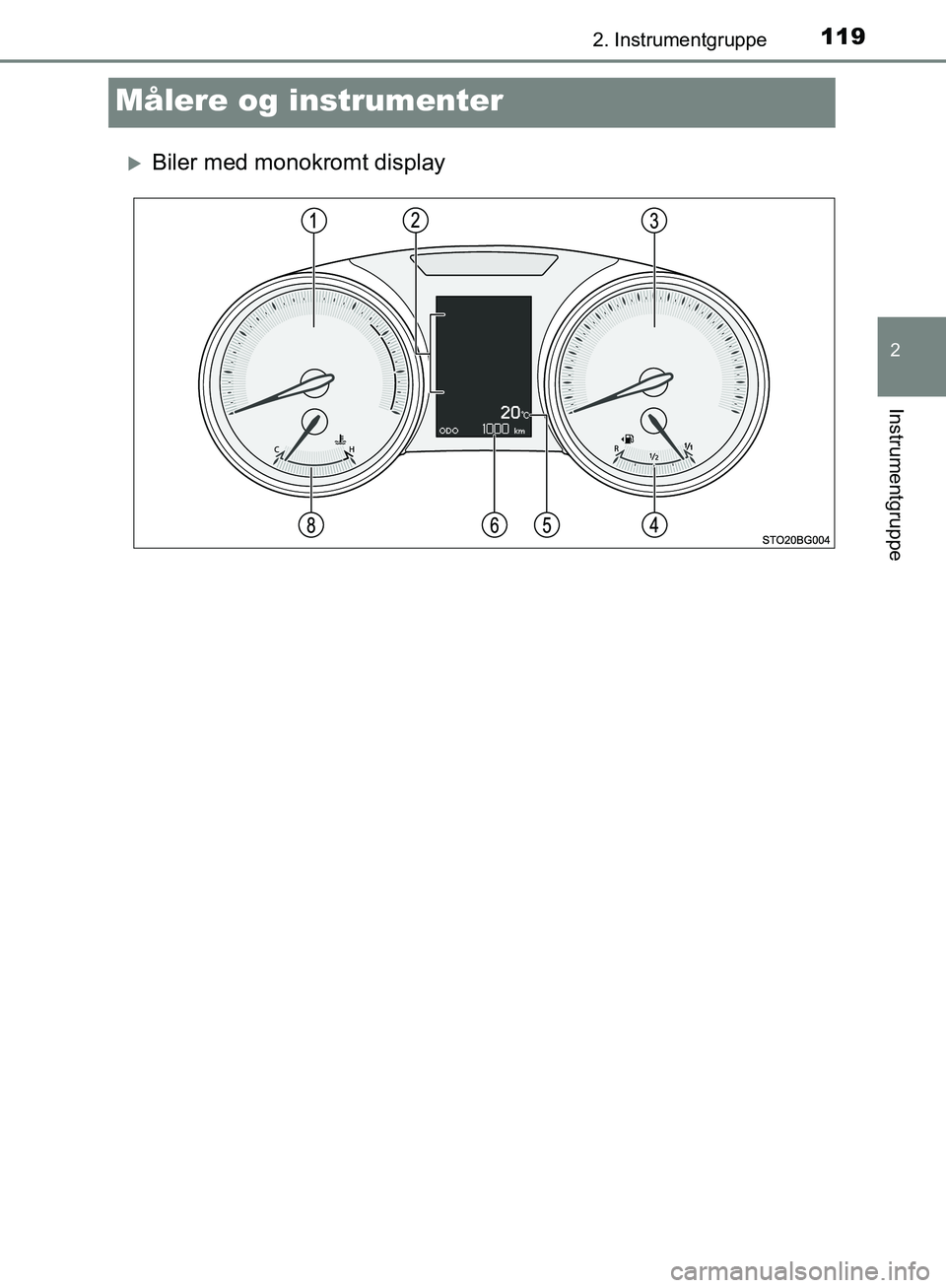 TOYOTA C-HR 2016  Brugsanvisning (in Danish) 119
2
2. Instrumentgruppe
Instrumentgruppe
OM10528DK_C-HR
Målere og instrumenter
Biler med monokromt display
OM10528DK.book  Page 119  Tuesday, December 6, 2016  12:29 PM 