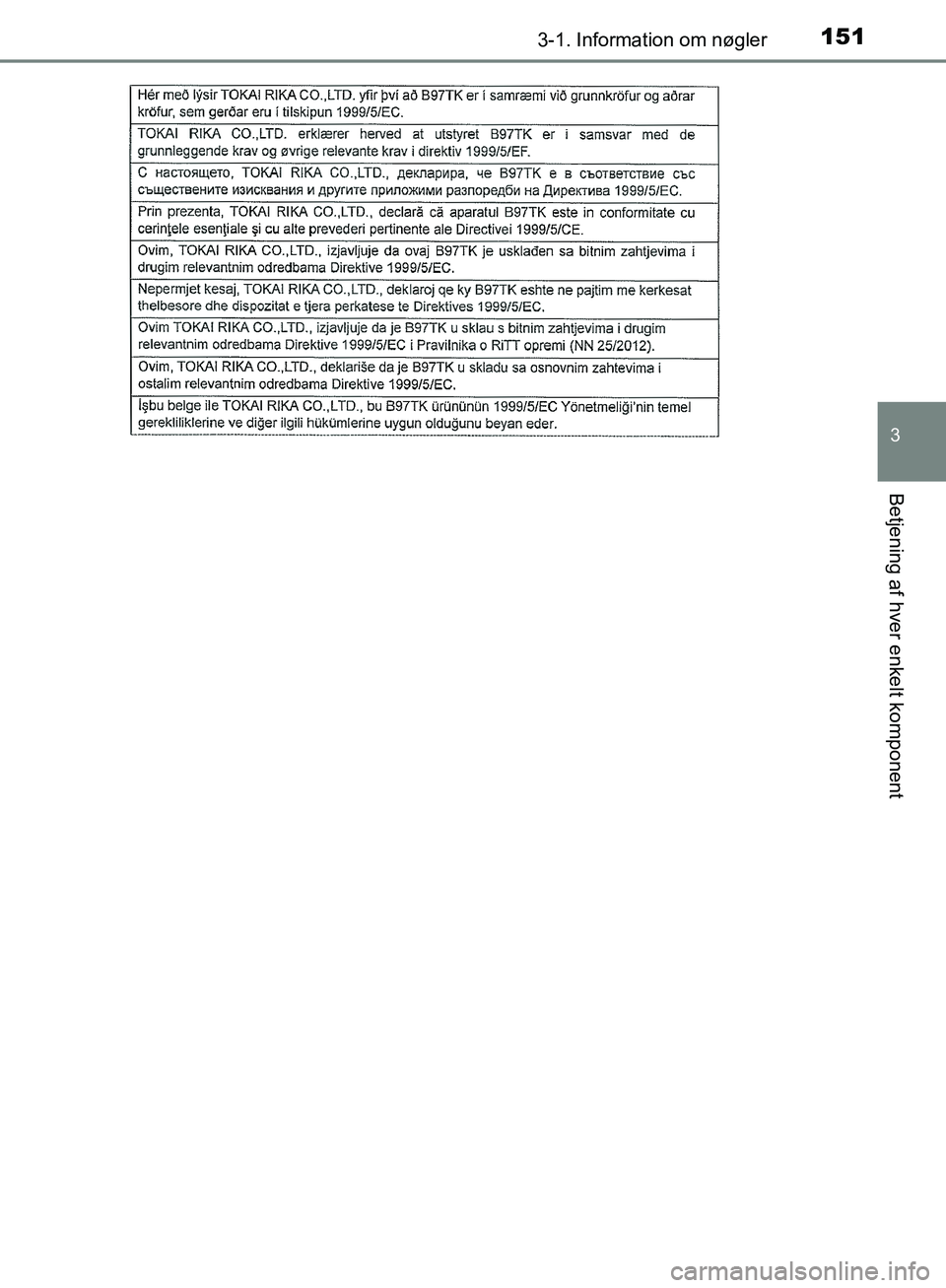 TOYOTA C-HR 2017  Brugsanvisning (in Danish) 1513-1. Information om nøgler
3
Betjening af hver enkelt komponent
OM10528DK_C-HR
OM10528DK.book  Page 151  Tuesday, December 6, 2016  12:29 PM 