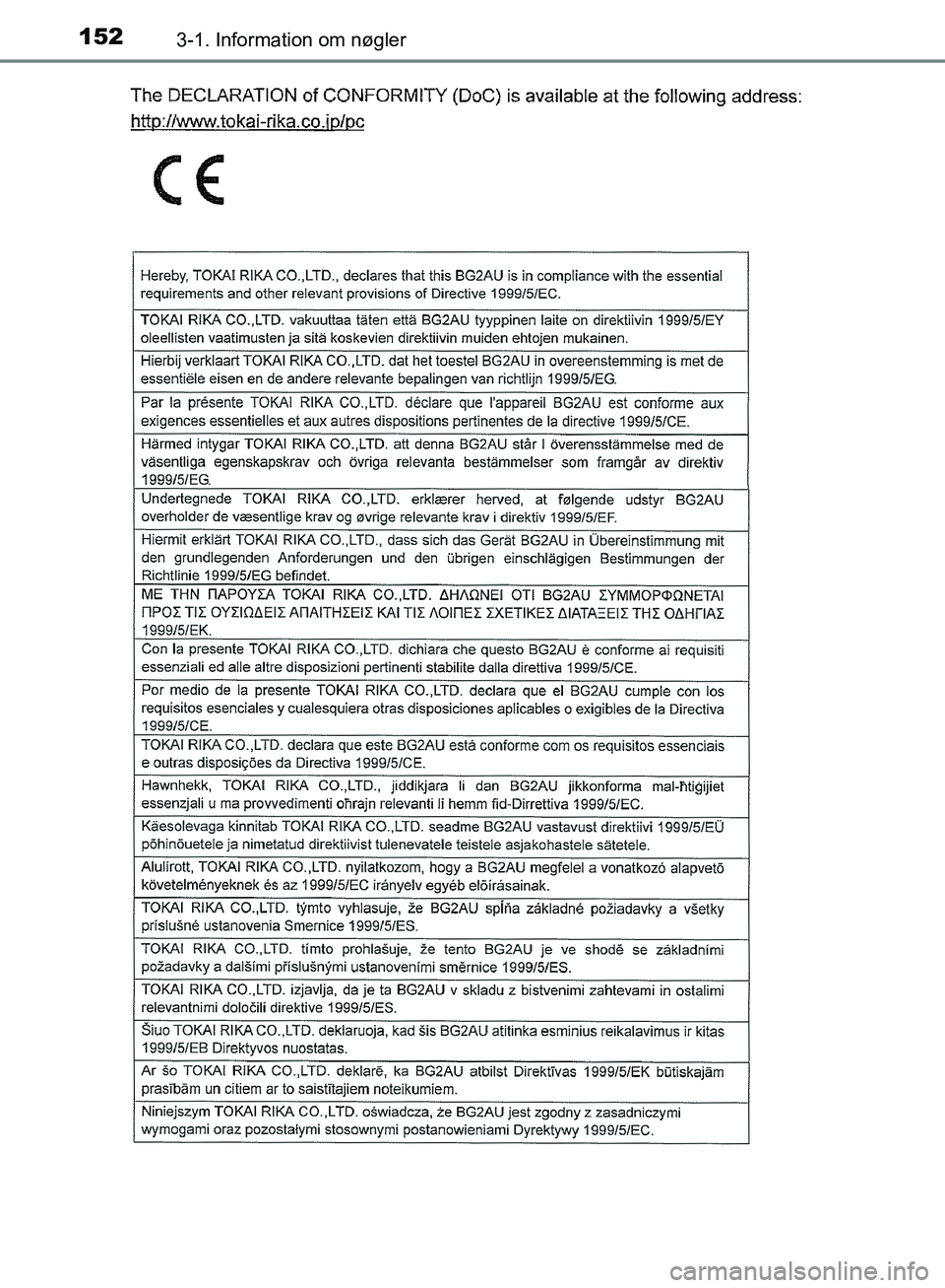 TOYOTA C-HR 2017  Brugsanvisning (in Danish) 1523-1. Information om nøgler
OM10528DK_C-HR
OM10528DK.book  Page 152  Tuesday, December 6, 2016  12:29 PM 