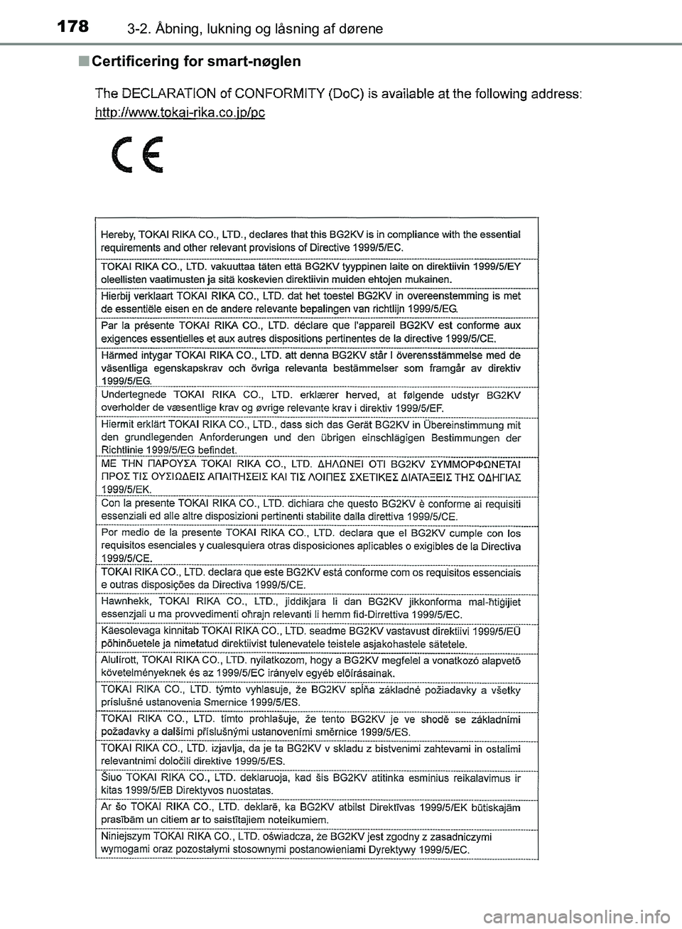 TOYOTA C-HR 2017  Brugsanvisning (in Danish) 1783-2. Åbning, lukning og låsning af dørene
OM10528DK_C-HRn
Certificering for smart-nøglen
OM10528DK.book  Page 178  Tuesday, December 6, 2016  12:29 PM 