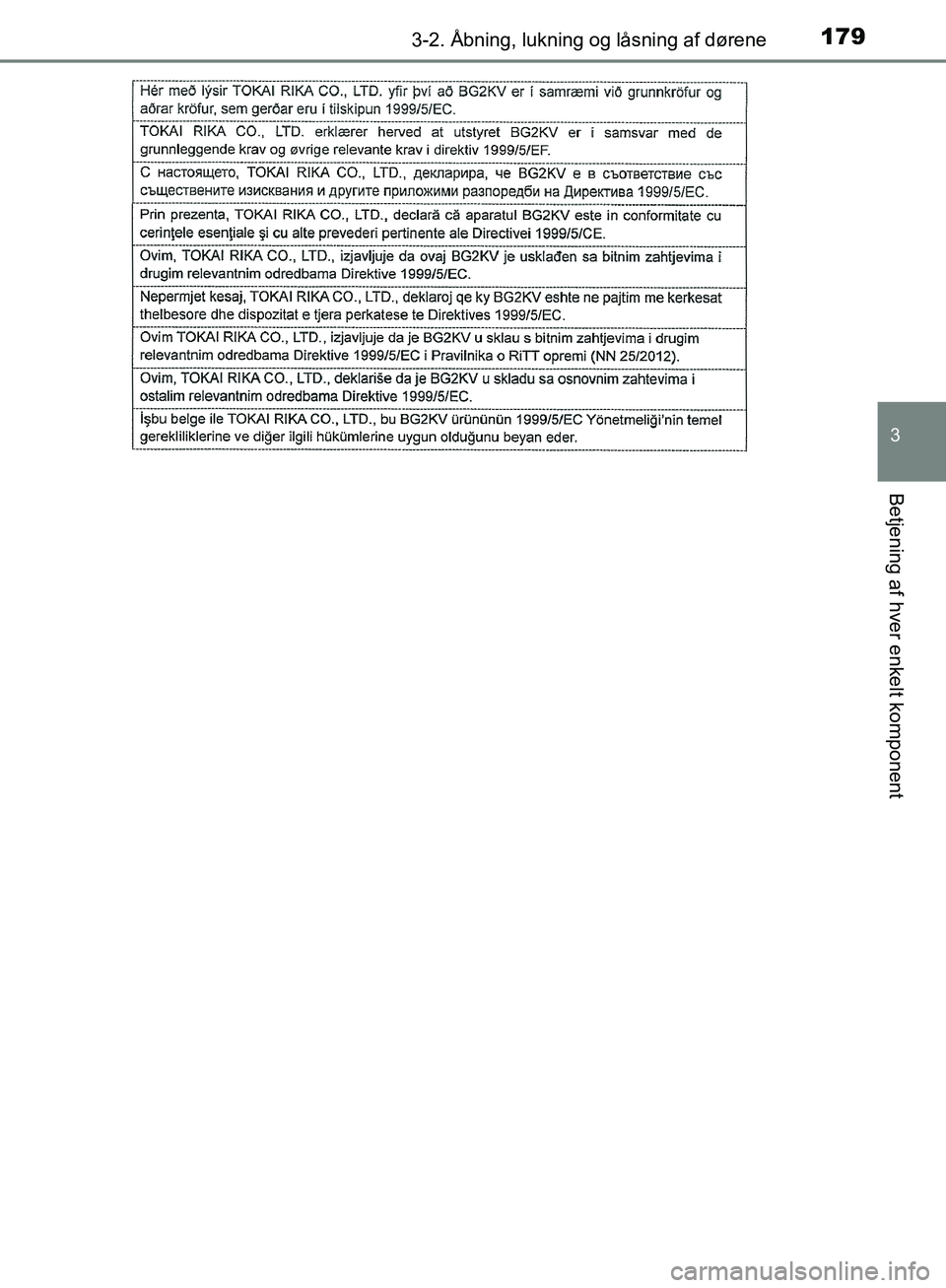 TOYOTA C-HR 2017  Brugsanvisning (in Danish) 1793-2. Åbning, lukning og låsning af dørene
3
Betjening af hver enkelt komponent
OM10528DK_C-HR
OM10528DK.book  Page 179  Tuesday, December 6, 2016  12:29 PM 