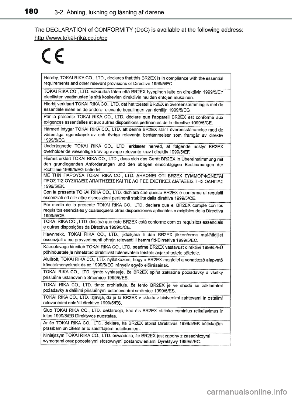 TOYOTA C-HR 2017  Brugsanvisning (in Danish) 1803-2. Åbning, lukning og låsning af dørene
OM10528DK_C-HR
OM10528DK.book  Page 180  Tuesday, December 6, 2016  12:29 PM 
