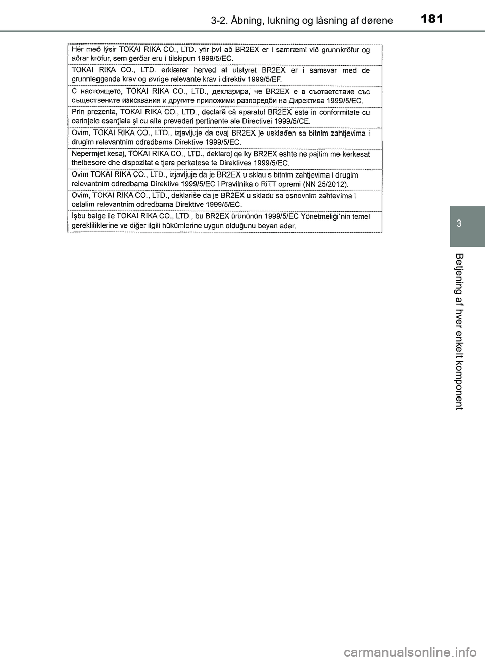TOYOTA C-HR 2017  Brugsanvisning (in Danish) 1813-2. Åbning, lukning og låsning af dørene
3
Betjening af hver enkelt komponent
OM10528DK_C-HR
OM10528DK.book  Page 181  Tuesday, December 6, 2016  12:29 PM 