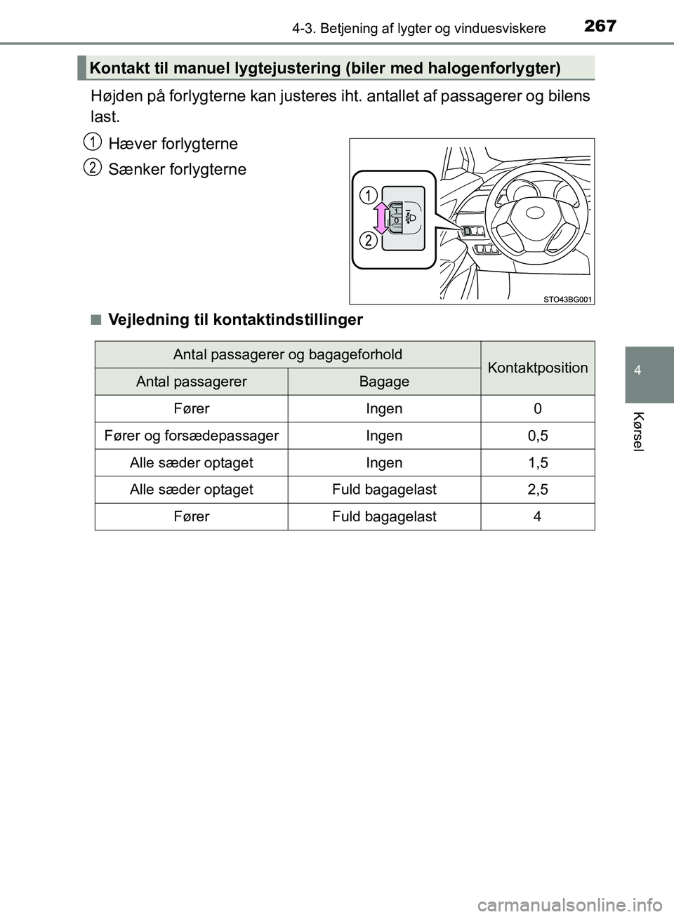 TOYOTA C-HR 2017  Brugsanvisning (in Danish) 2674-3. Betjening af lygter og vinduesviskere
4
Kørsel
OM10528DK_C-HR
Højden på forlygterne kan justeres iht. antallet af passagerer og bilens
last.Hæver forlygterne
Sænker forlygterne
nVejlednin