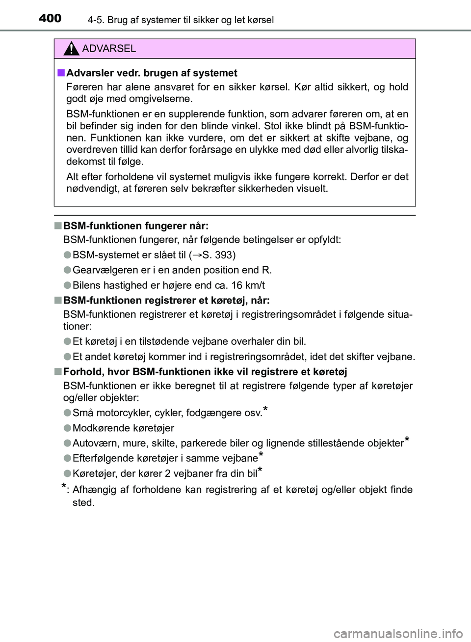 TOYOTA C-HR 2017  Brugsanvisning (in Danish) 4004-5. Brug af systemer til sikker og let kørsel
OM10528DK_C-HR
nBSM-funktionen fungerer når:
BSM-funktionen fungerer, når følgende betingelser er opfyldt:
lBSM-systemet er slået til ( S. 393
