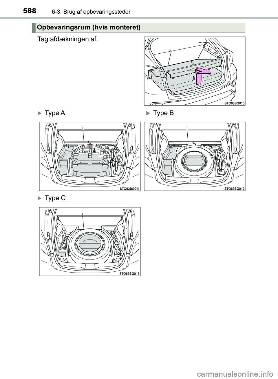 TOYOTA C-HR 2017  Brugsanvisning (in Danish) 5886-3. Brug af opbevaringssteder
OM10528DK_C-HR
Tag afdækningen af.
Opbevaringsrum (hvis monteret)
Ty p e  AType B
Ty p e  C
OM10528DK.book  Page 588  Tuesday, December 6, 2016  12:29 PM 