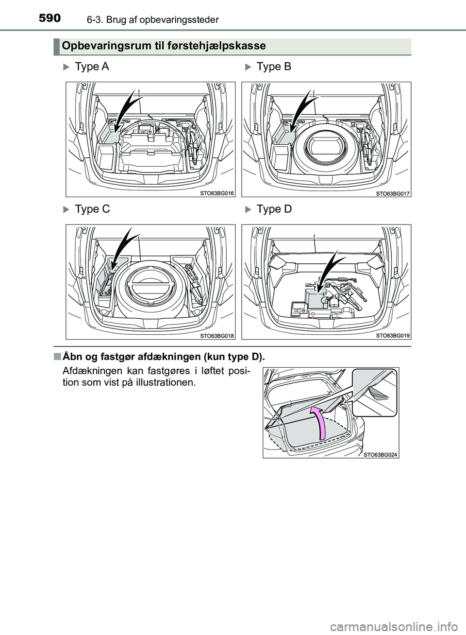 TOYOTA C-HR 2017  Brugsanvisning (in Danish) 5906-3. Brug af opbevaringssteder
OM10528DK_C-HR
nÅbn og fastgør afdækningen (kun type D).
Opbevaringsrum til førstehjælpskasse
Ty p e  AType B
Ty p e  CType D
Afdækningen kan fastg