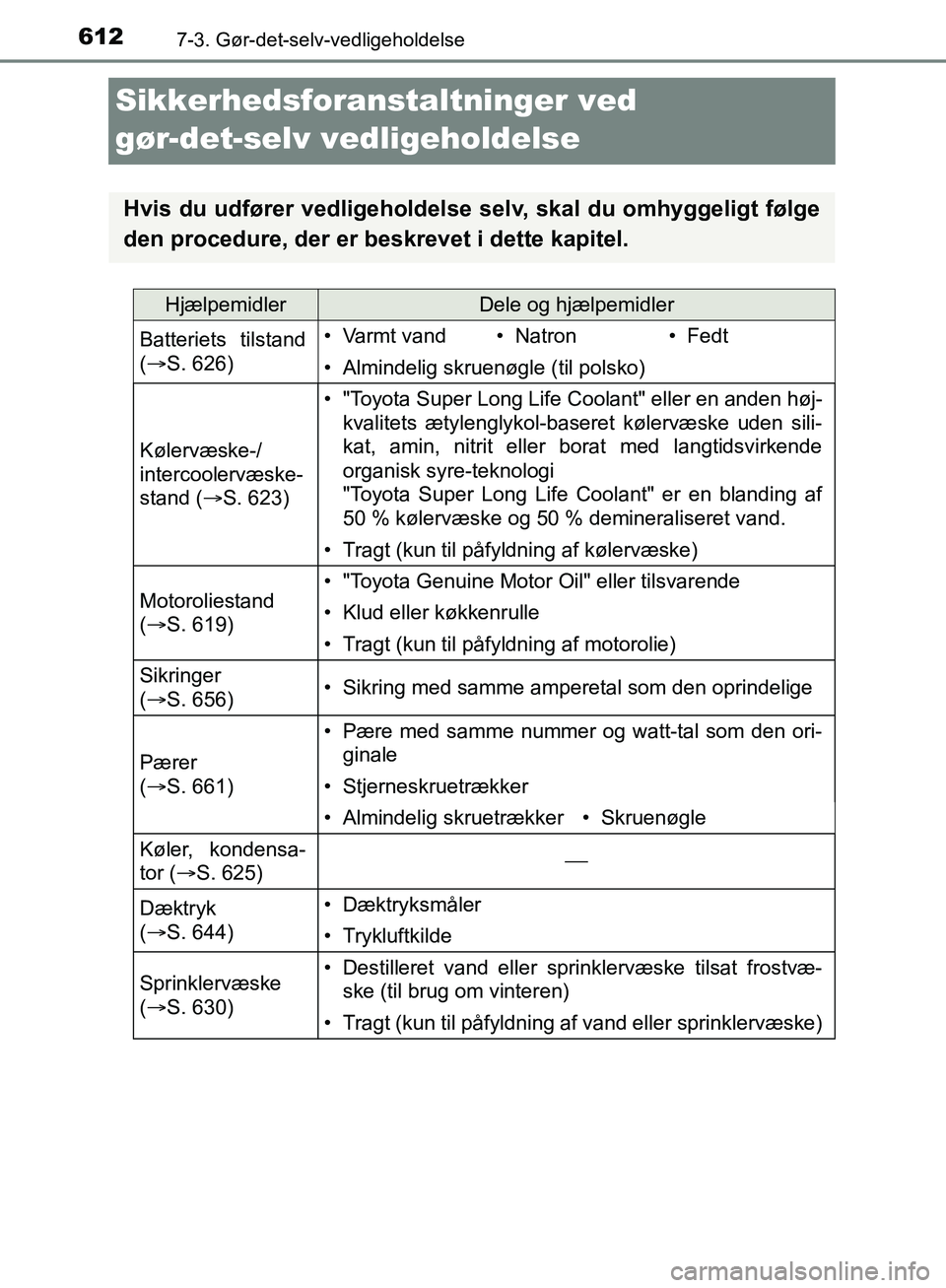 TOYOTA C-HR 2016  Brugsanvisning (in Danish) 6127-3. Gør-det-selv-vedligeholdelse
OM10528DK_C-HR
Sikkerhedsforanstaltninger ved 
gør-det-selv vedligeholdelse
Hvis du udfører vedligeholdelse selv, skal du omhyggeligt følge
den procedure, der 