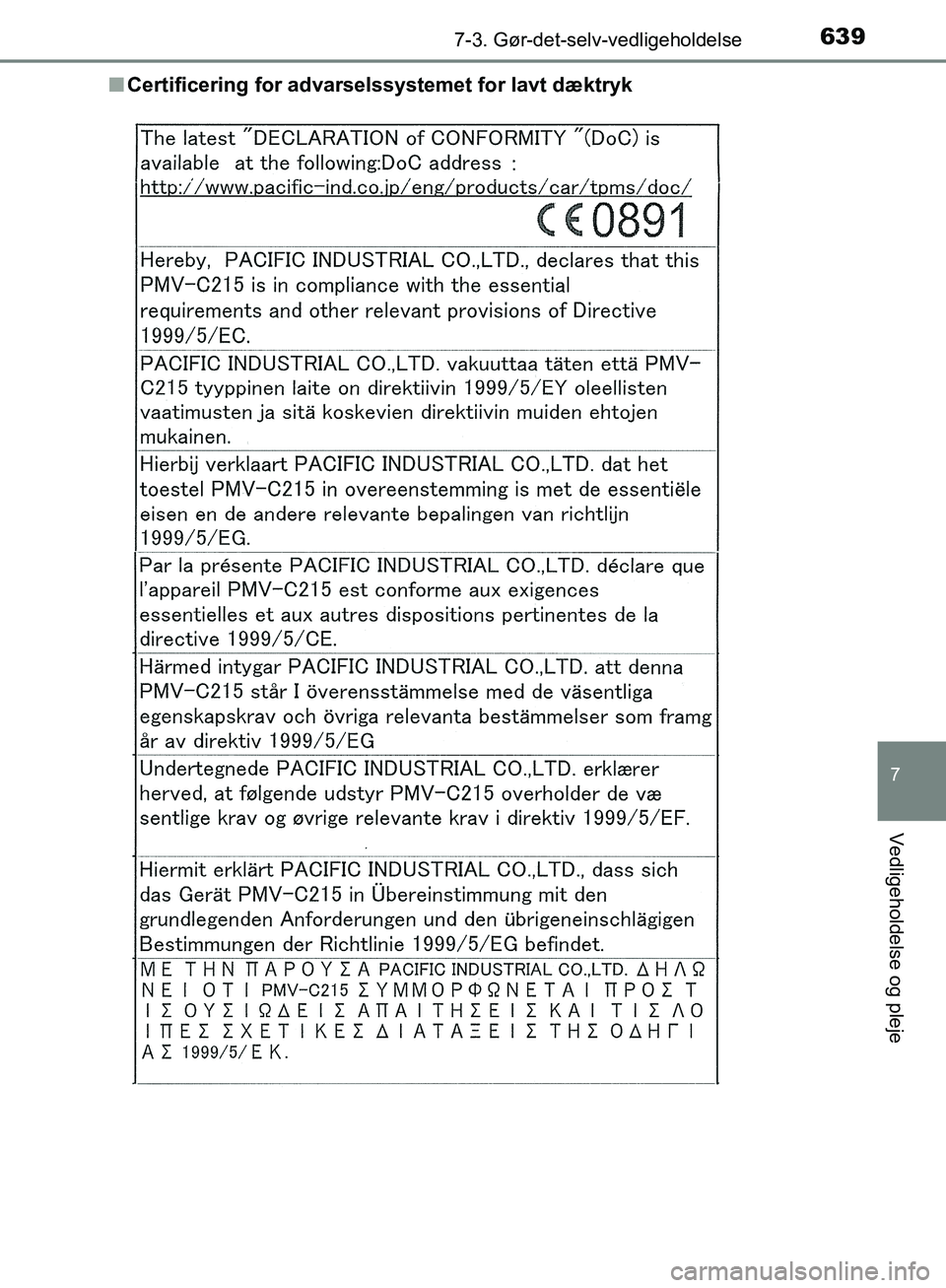 TOYOTA C-HR 2017  Brugsanvisning (in Danish) 6397-3. Gør-det-selv-vedligeholdelse
7
Vedligeholdelse og pleje
OM10528DK_C-HRn
Certificering for advarselssystemet for lavt dæktryk
OM10528DK.book  Page 639  Tuesday, December 6, 2016  12:29 PM 