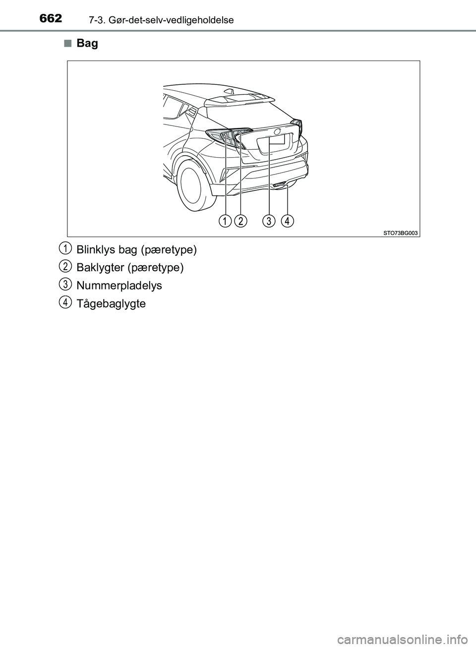 TOYOTA C-HR 2017  Brugsanvisning (in Danish) 6627-3. Gør-det-selv-vedligeholdelse
OM10528DK_C-HRn
Bag
Blinklys bag (pæretype)
Baklygter (pæretype)
Nummerpladelys
Tågebaglygte
1
2
3
4
OM10528DK.book  Page 662  Tuesday, December 6, 2016  12:29